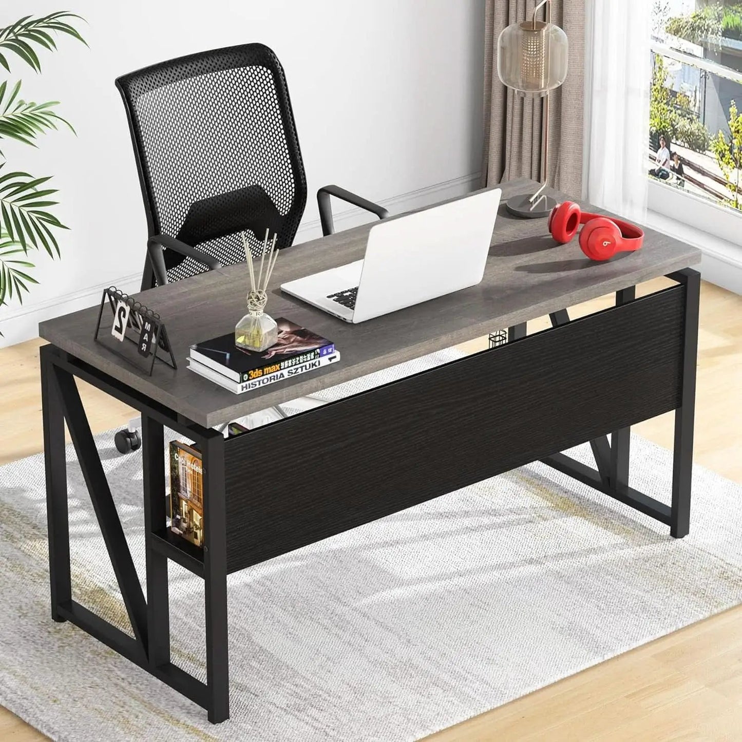 Gray L-Shaped Desk 55 Inch With Storage Cabinet For Office from PriceLows™