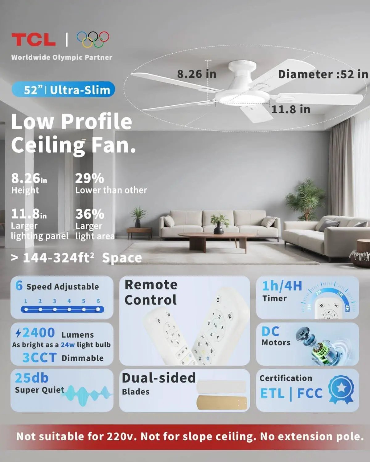 52 Inch White Flush Mount Ceiling Fan With LED Light from PriceLows™