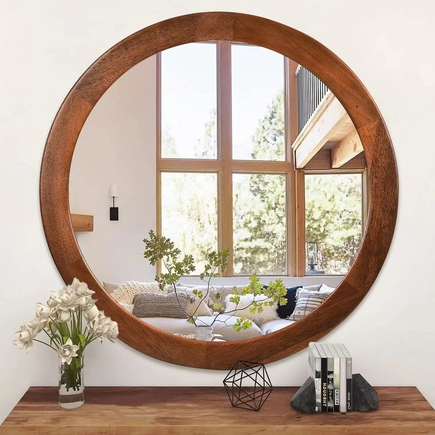 30 Inch Walnut Round Wall Mirror Rustic Style from PriceLows™