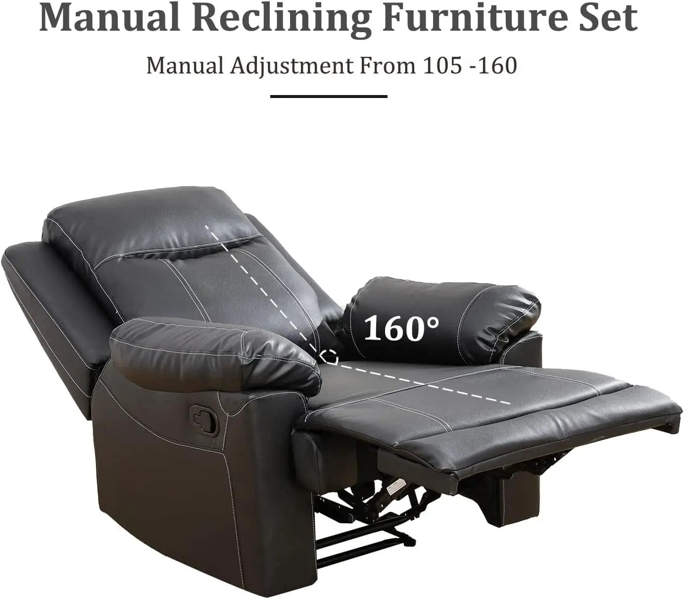 Manual Recliner Sofa Set Black Bonded Leather Cup Holders from PriceLows™