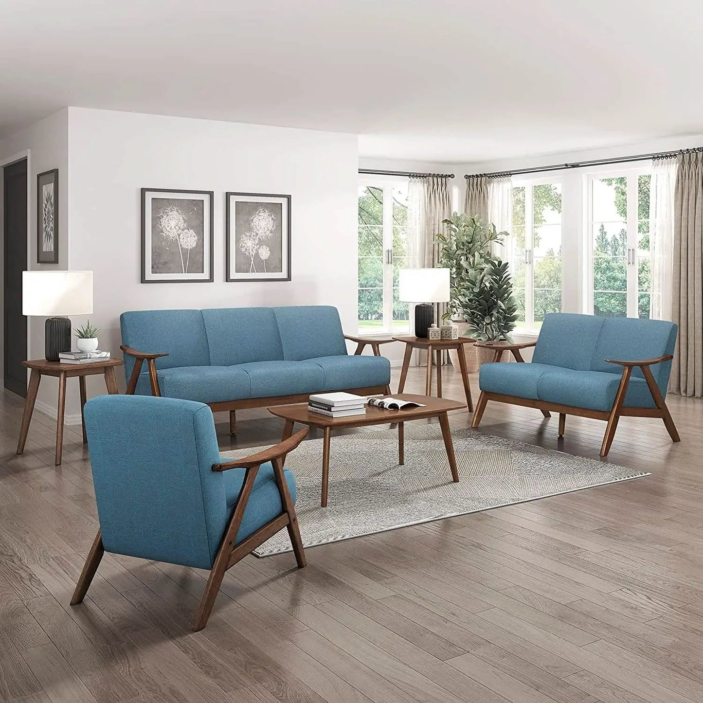 Blue Elle Accent Chair With Linen Upholstery Retro Style from PriceLows™