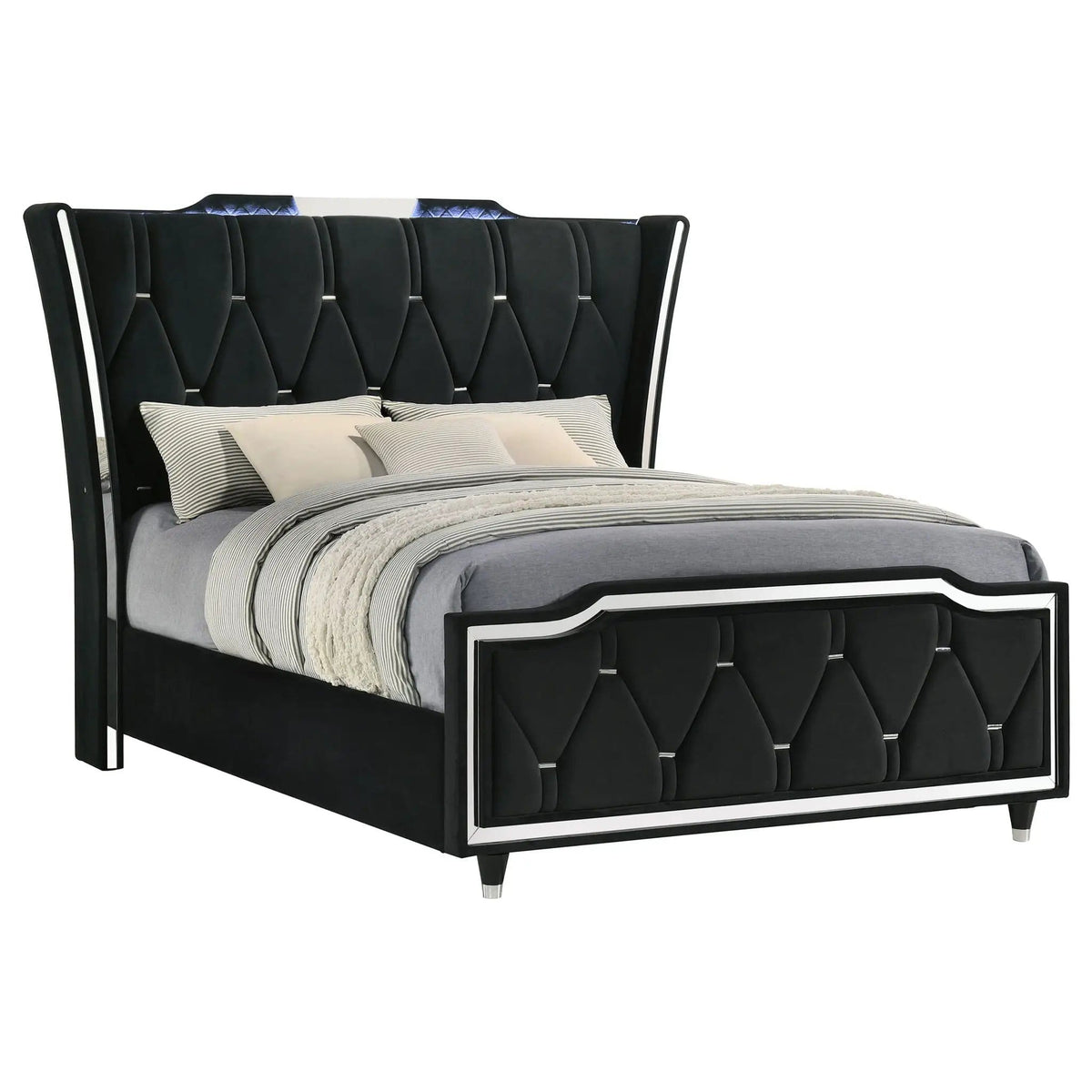 Lorient Queen LED Upholstered Wingback Bed | 80.25 x 92.5 x 63.25 in | Rubberwood & Engineered Wood | Black