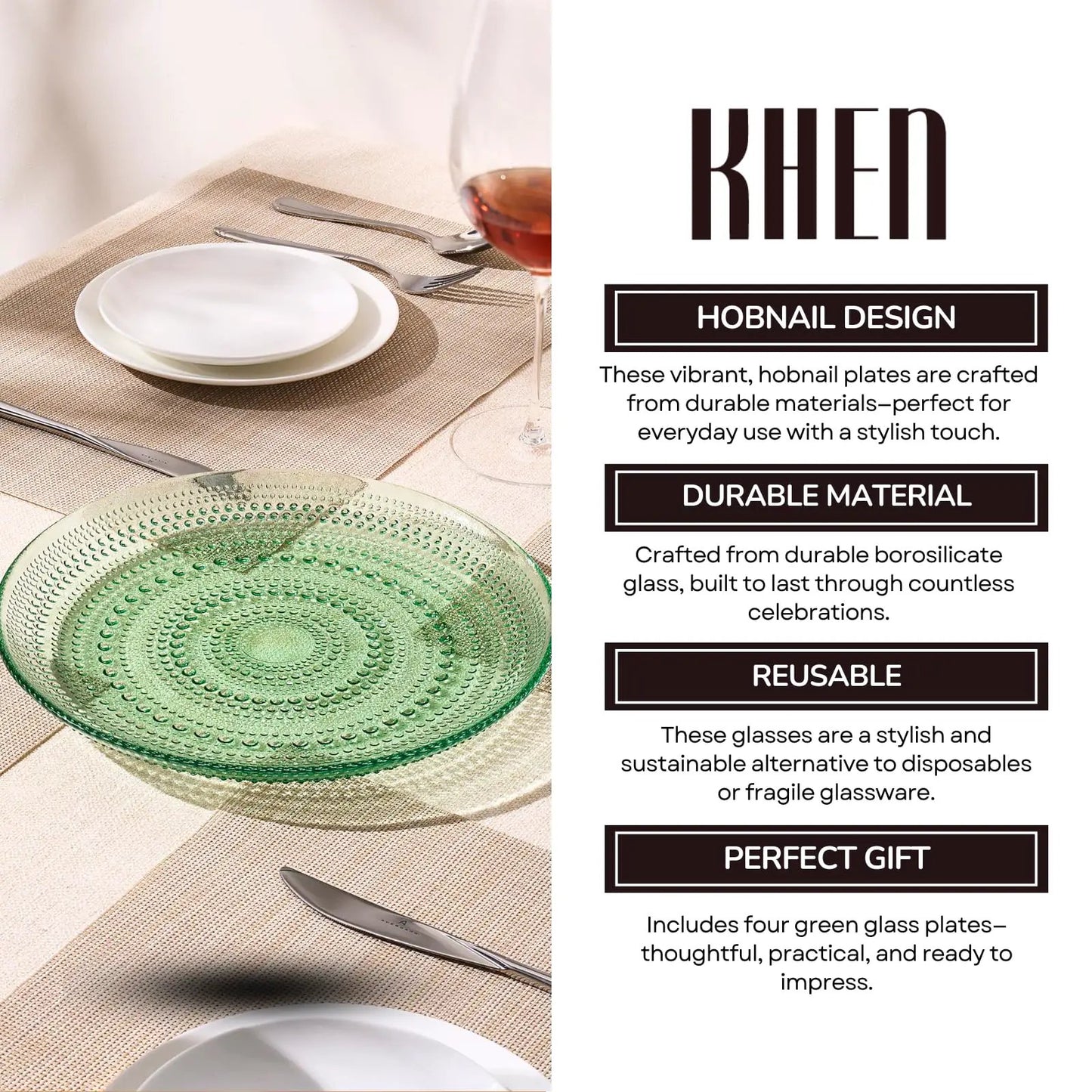 Glass Hobnail Dinner or Charger Plates | Set of 4 | Green from PriceLows™