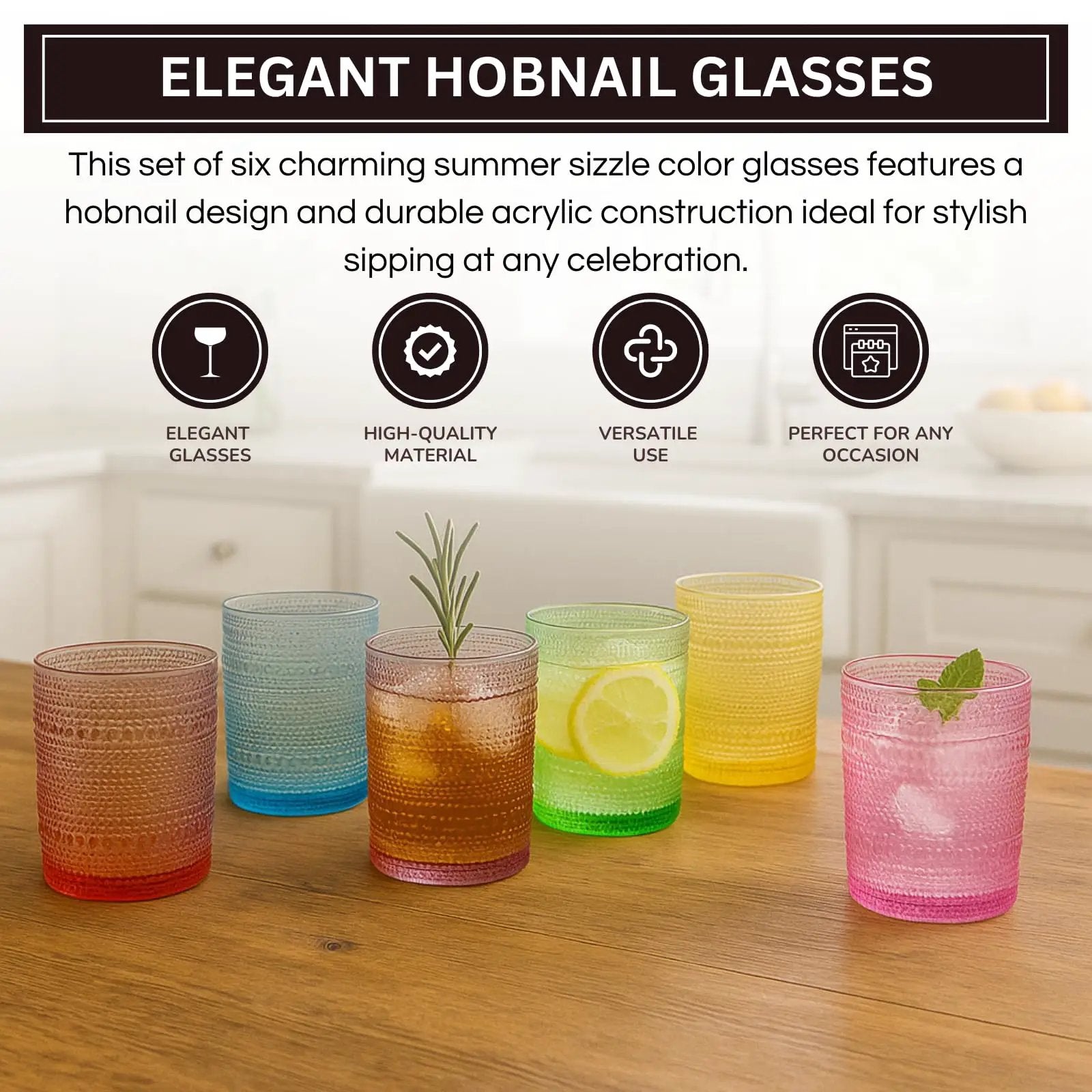 Vibes Hobnail glassware set of 6 Summer colors from PriceLows™