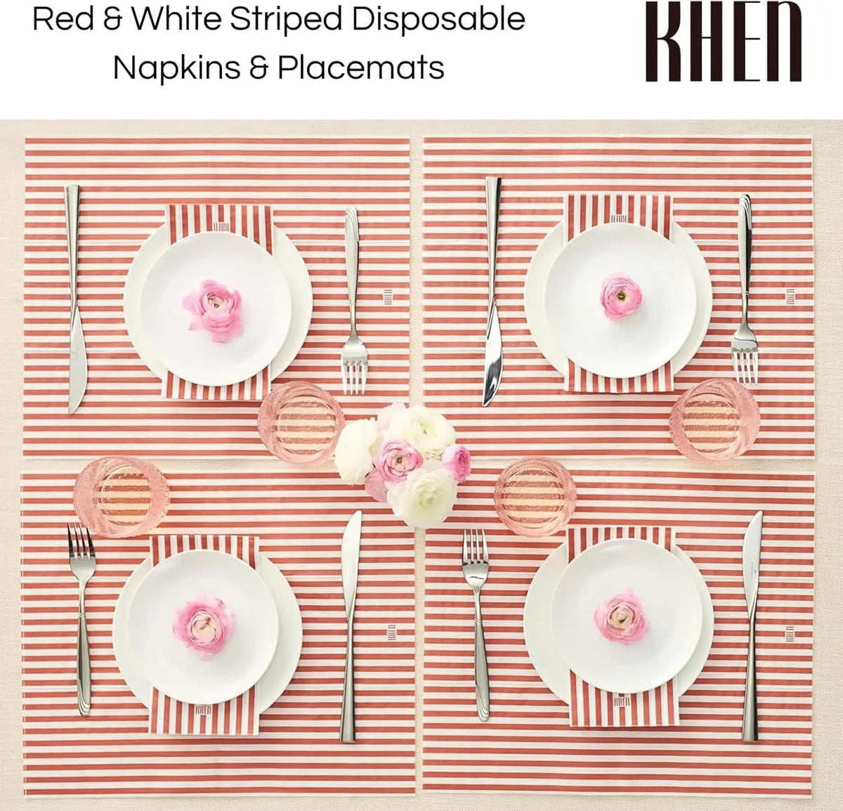 Tonal Striped Disposable Napkin Set in Stripe Red, 50 Pieces | Set of 50 | Placemat | Home Decor