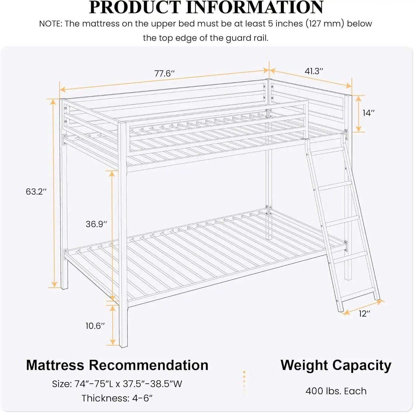 Twin Over Twin Metal Bunk Bed Black Guardrail And Ladder from PriceLows™