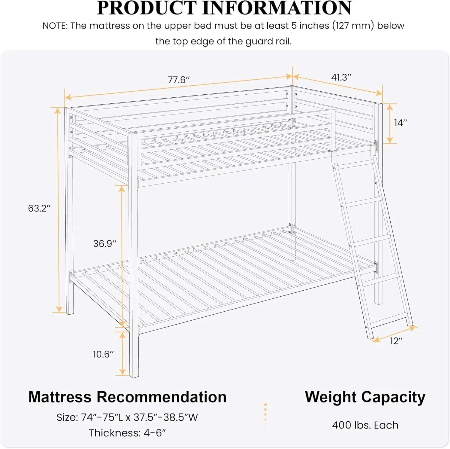 Twin Over Twin Metal Bunk Bed Black Guardrail And Ladder from PriceLows™