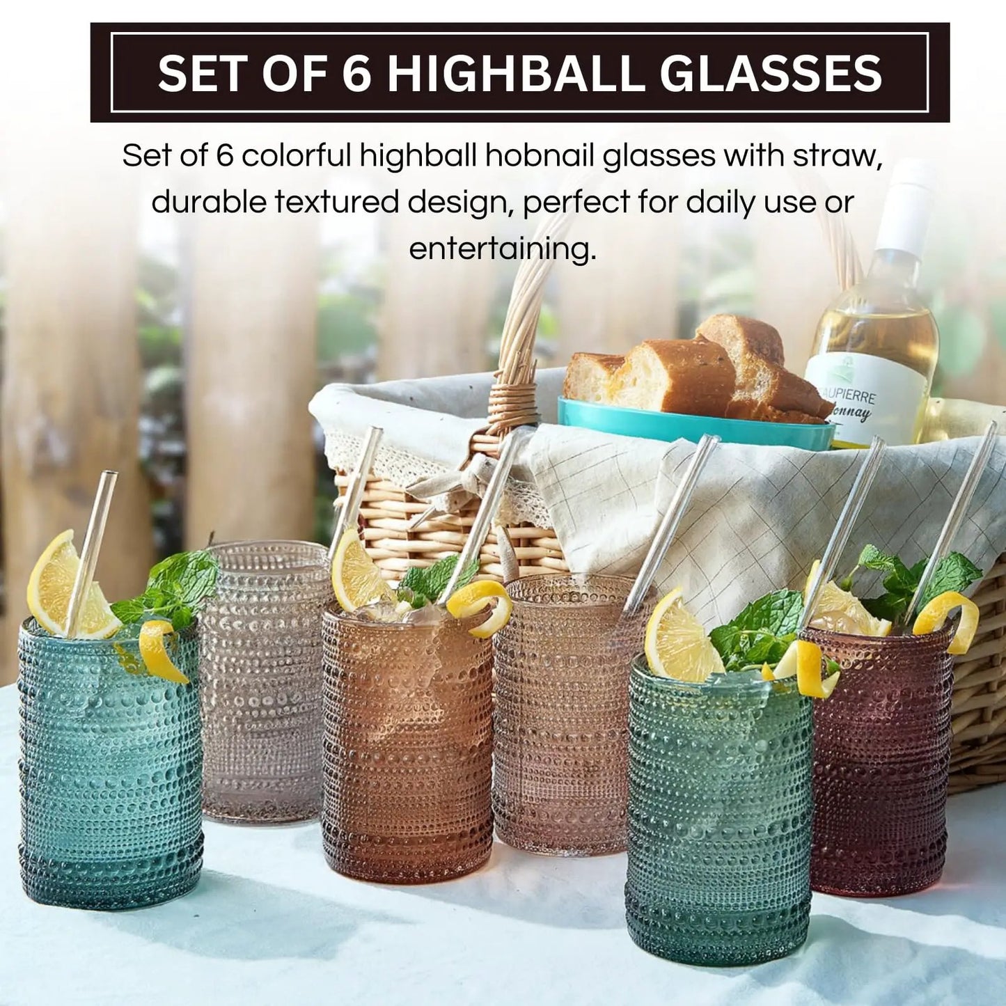 Khen Hobnail Drinking Glasses with Straws | Muted Colors | Set of 6 from PriceLows™