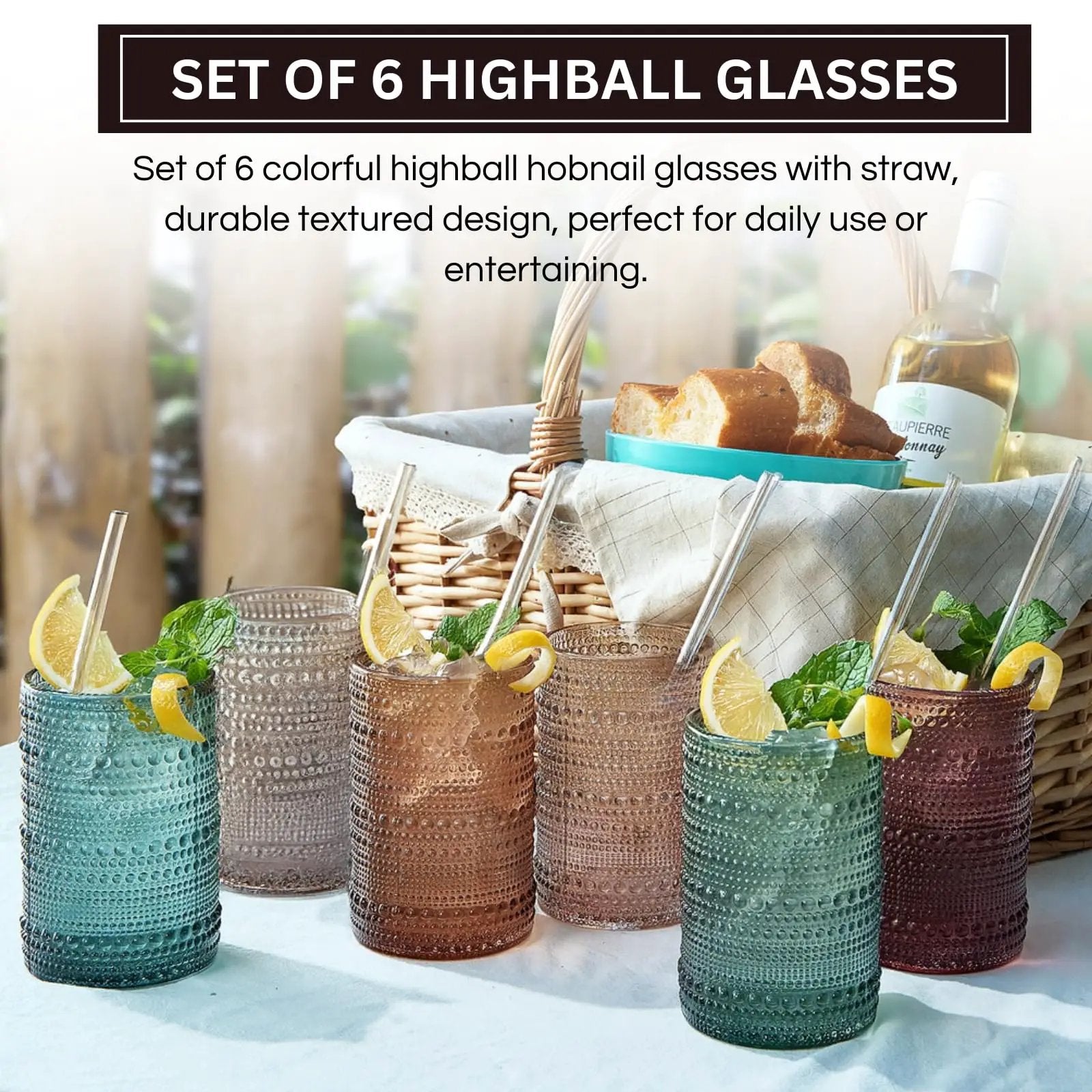 Khen Hobnail Drinking Glasses with Straws | Muted Colors | Set of 6 from PriceLows™