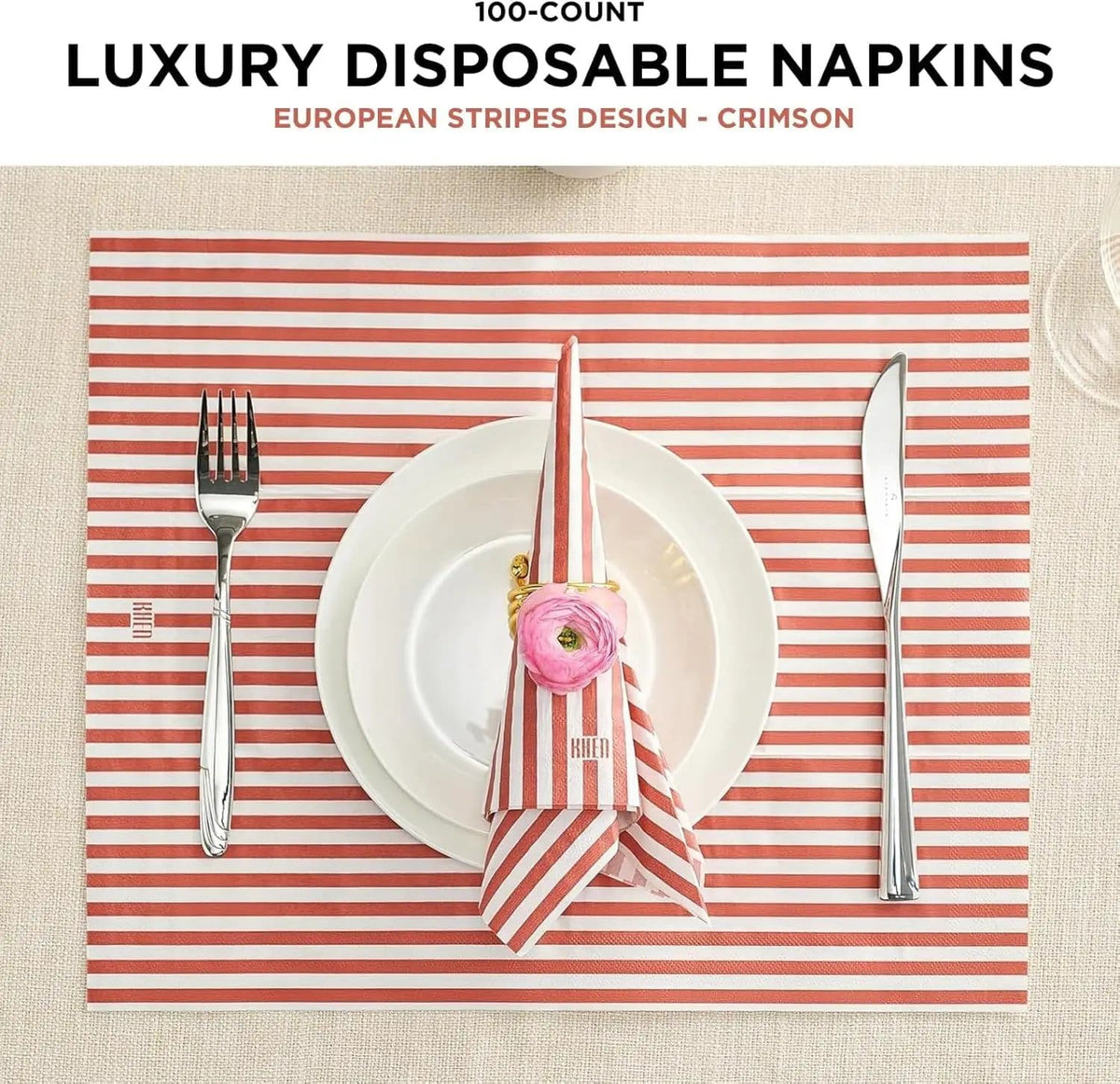 Tonal Striped Disposable Napkin Set in Stripe Red, 50 Pieces | Set of 50 | Placemat | Home Decor