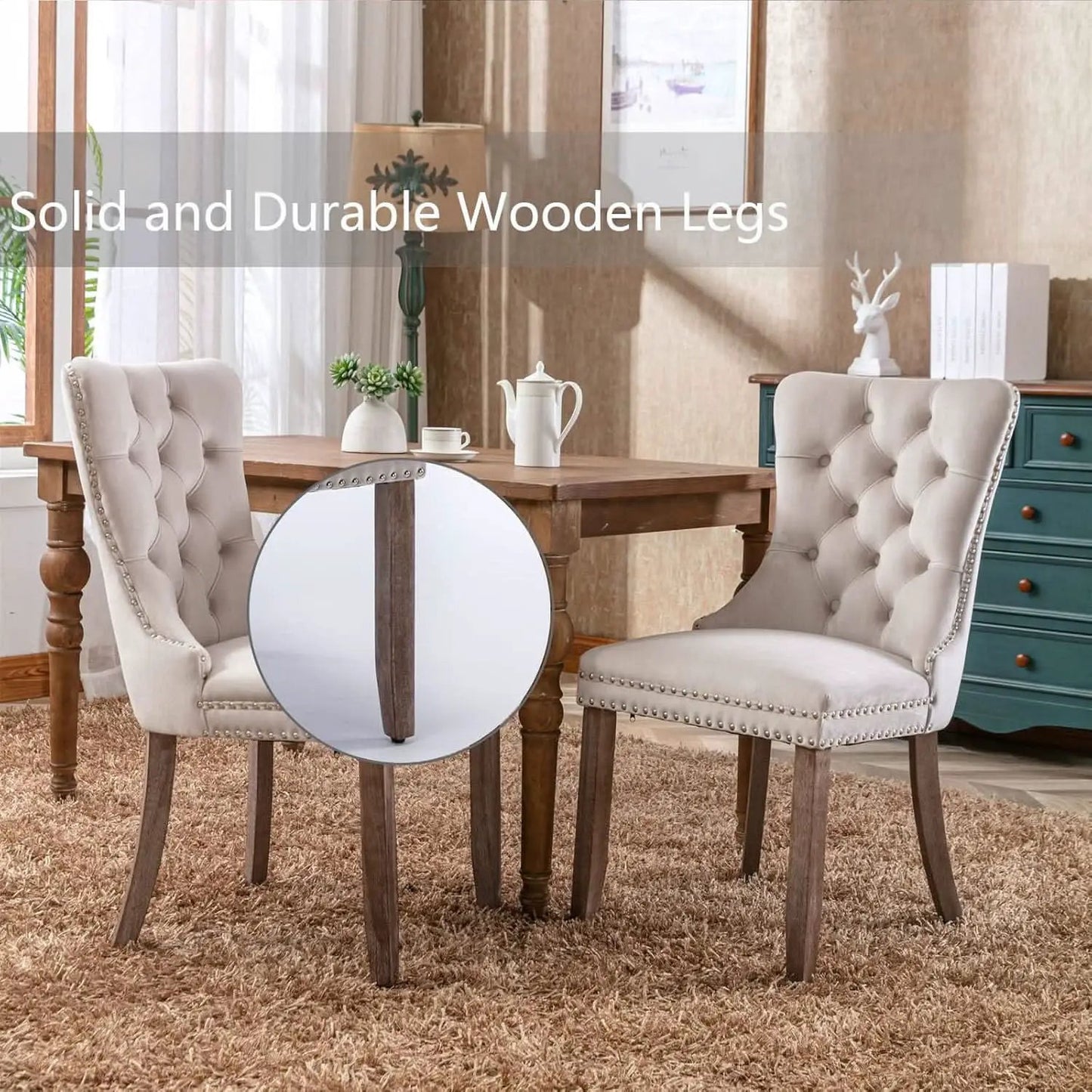 Beige Velvet Dining Chairs Set Of Six Tufted Wingback from PriceLows™