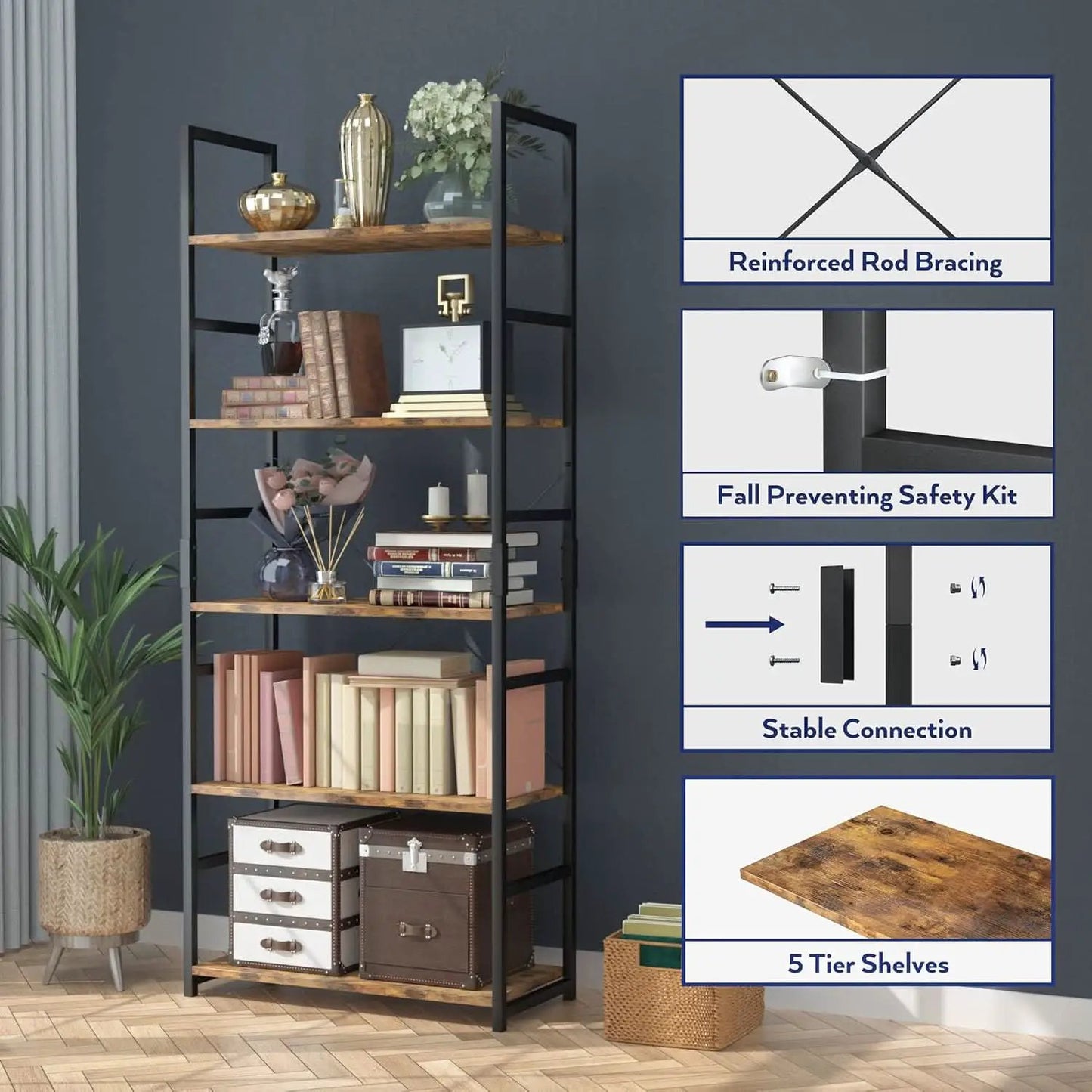 Tall 5 Shelf Vintage Bookcase With Metal Frame Storage from PriceLows™