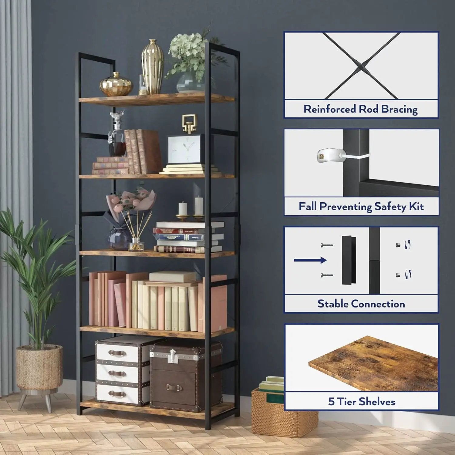 Tall 5 Shelf Vintage Bookcase With Metal Frame Storage from PriceLows™