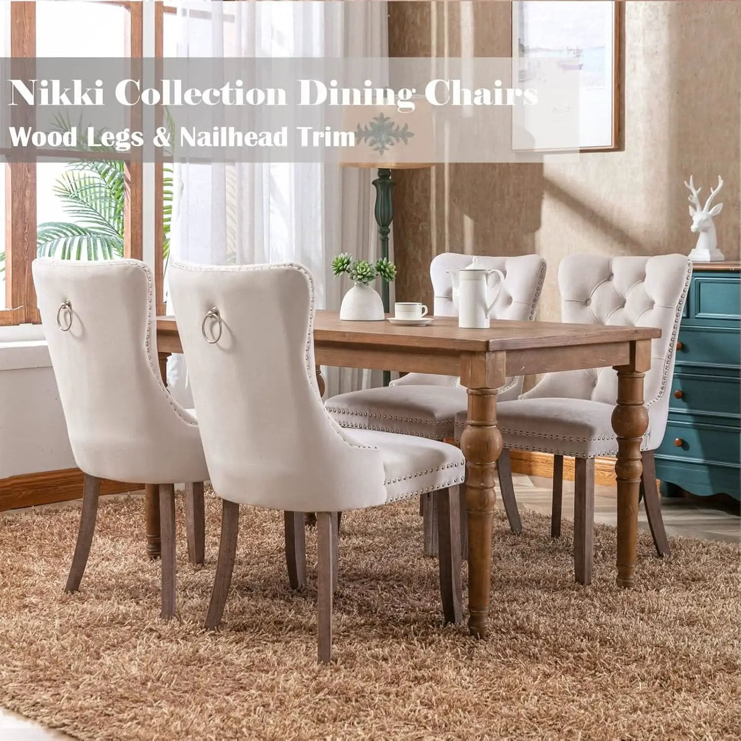Beige Velvet Dining Chairs Set Of Six Tufted Wingback from PriceLows™