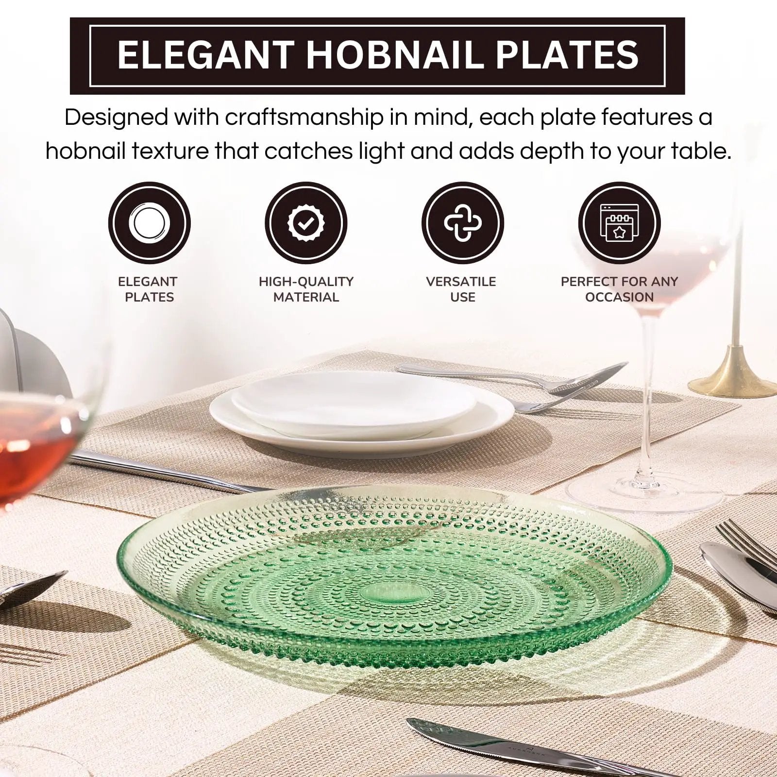 Glass Hobnail Dinner or Charger Plates | Set of 4 | Green from PriceLows™