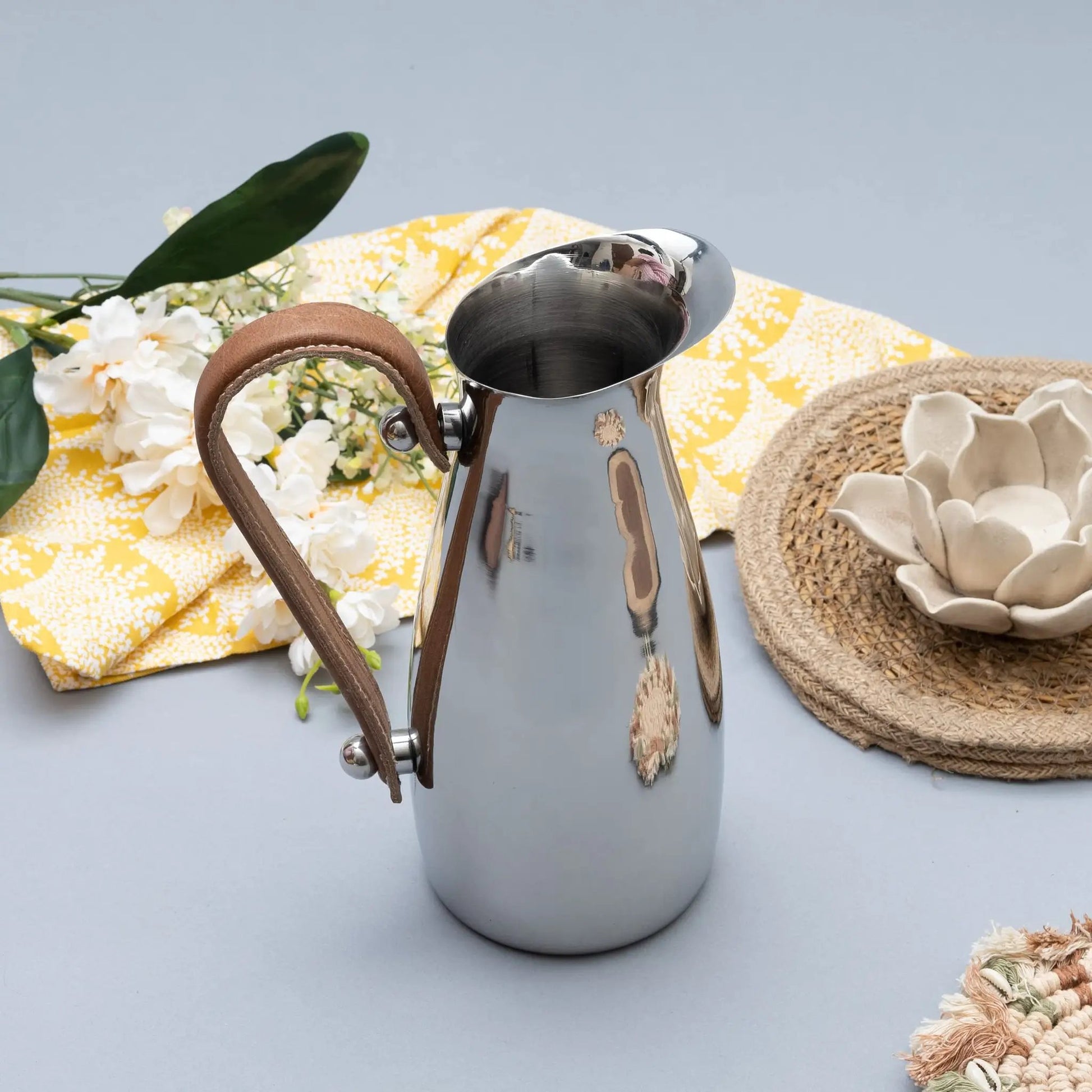 Silver Stainless Steel Water Pitcher, Leather Handle from PriceLows™
