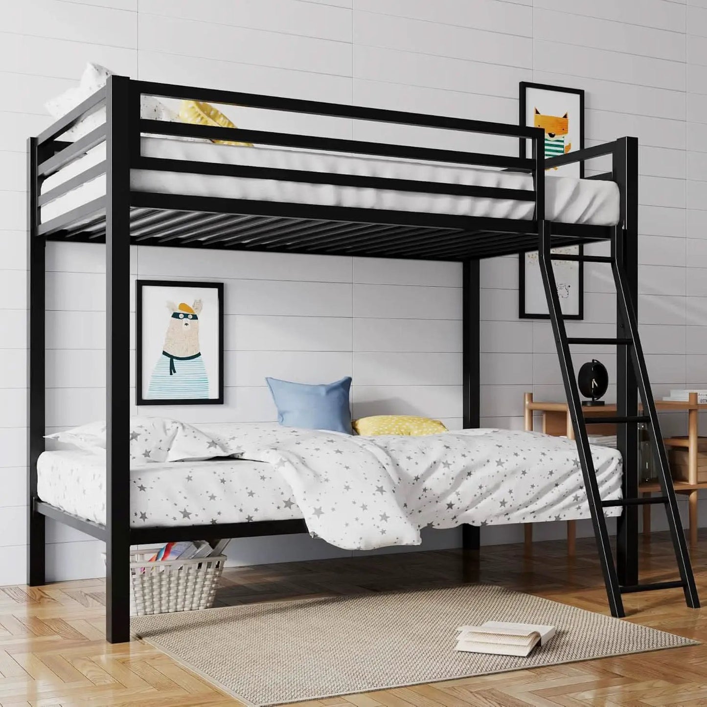 Twin Over Twin Metal Bunk Bed Black Guardrail And Ladder from PriceLows™