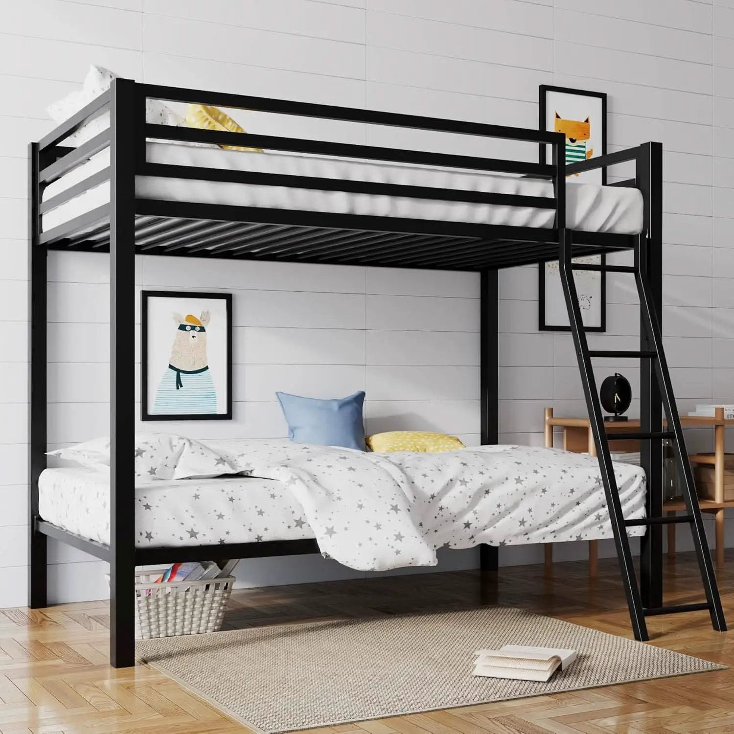 Twin Over Twin Metal Bunk Bed Black Guardrail And Ladder from PriceLows™