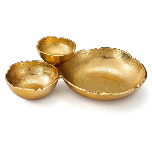 3 Cluster Decorative Bowls Bright Gold Brass Snack Tray Bowl Chip | Aluminum | Home Decor | Gift Ready