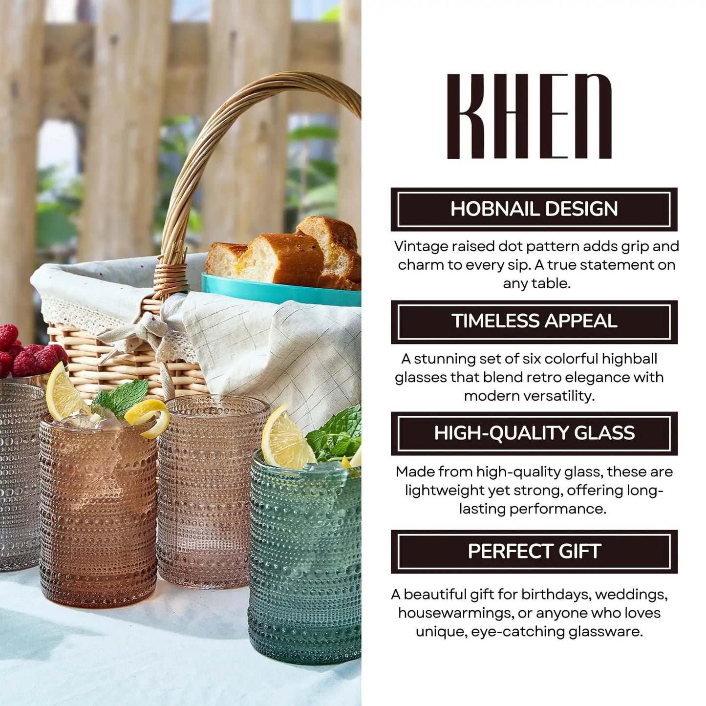 Khen Hobnail Drinking Glasses with Straws | Muted Colors | Set of 6 from PriceLows™