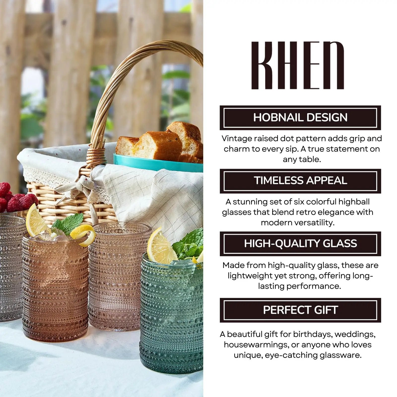 Khen Hobnail Drinking Glasses with Straws | Muted Colors | Set of 6 from PriceLows™
