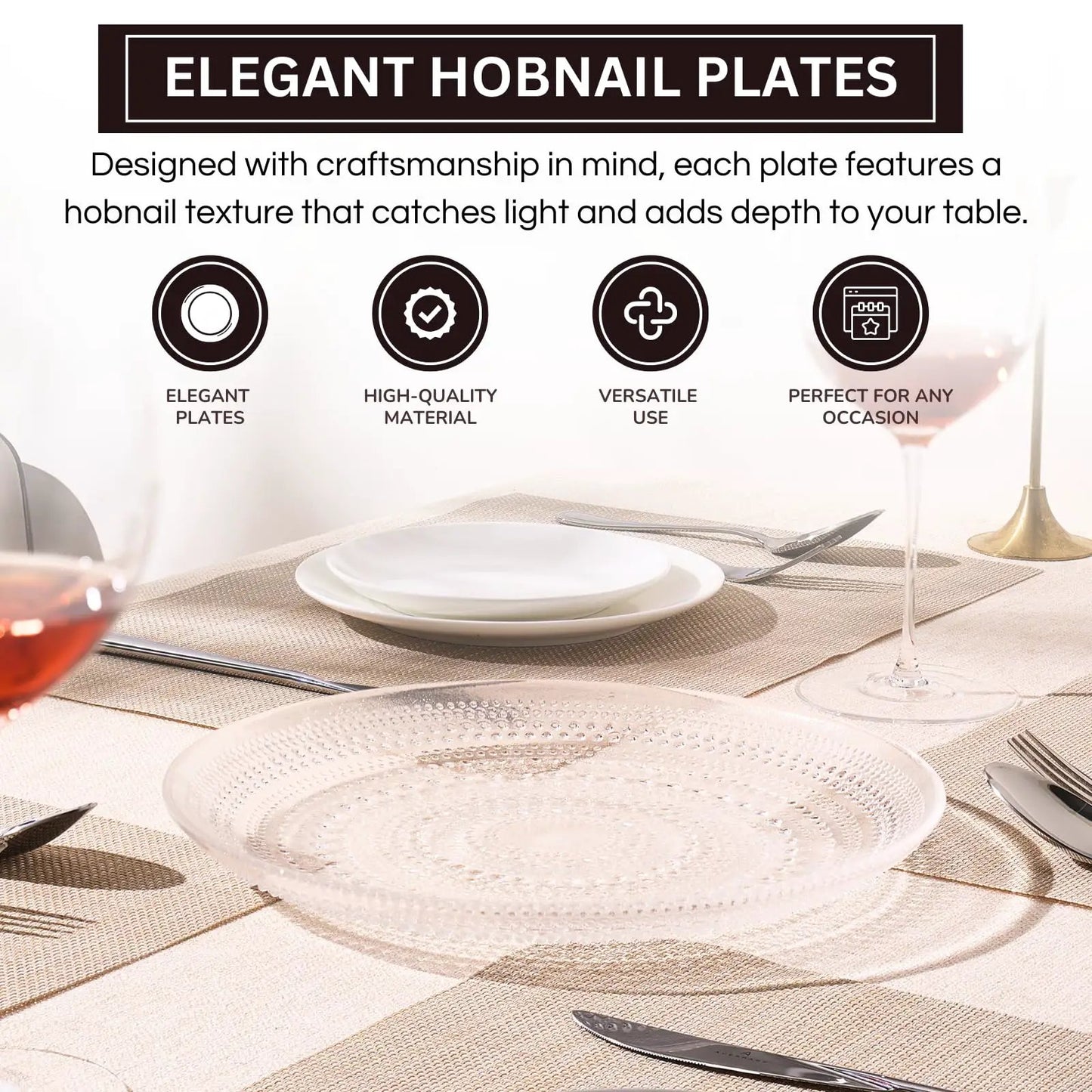 Glass Hobnail Dinner or Charger Plates | Set of 4 | Clear from PriceLows™