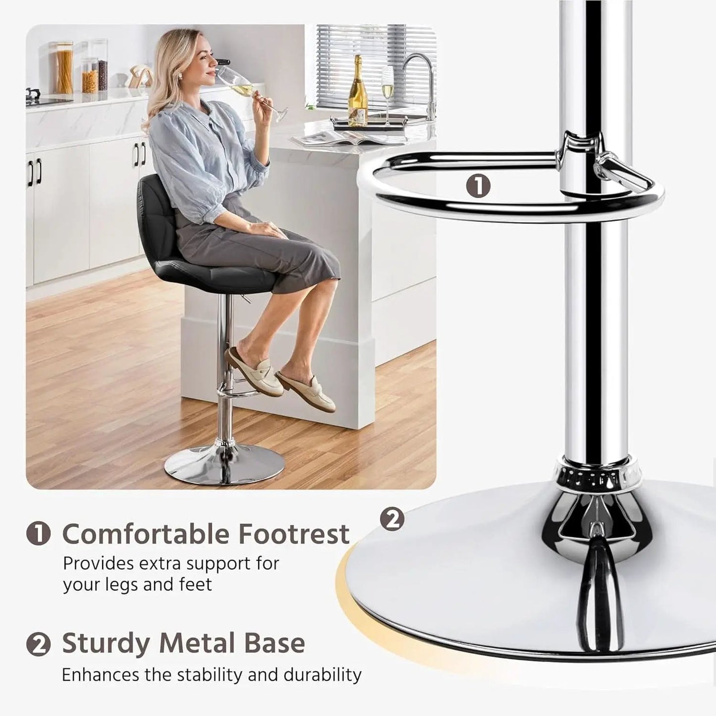 Set Of 2 Modern Adjustable Black PU Leather Bar Stools from PriceLows™