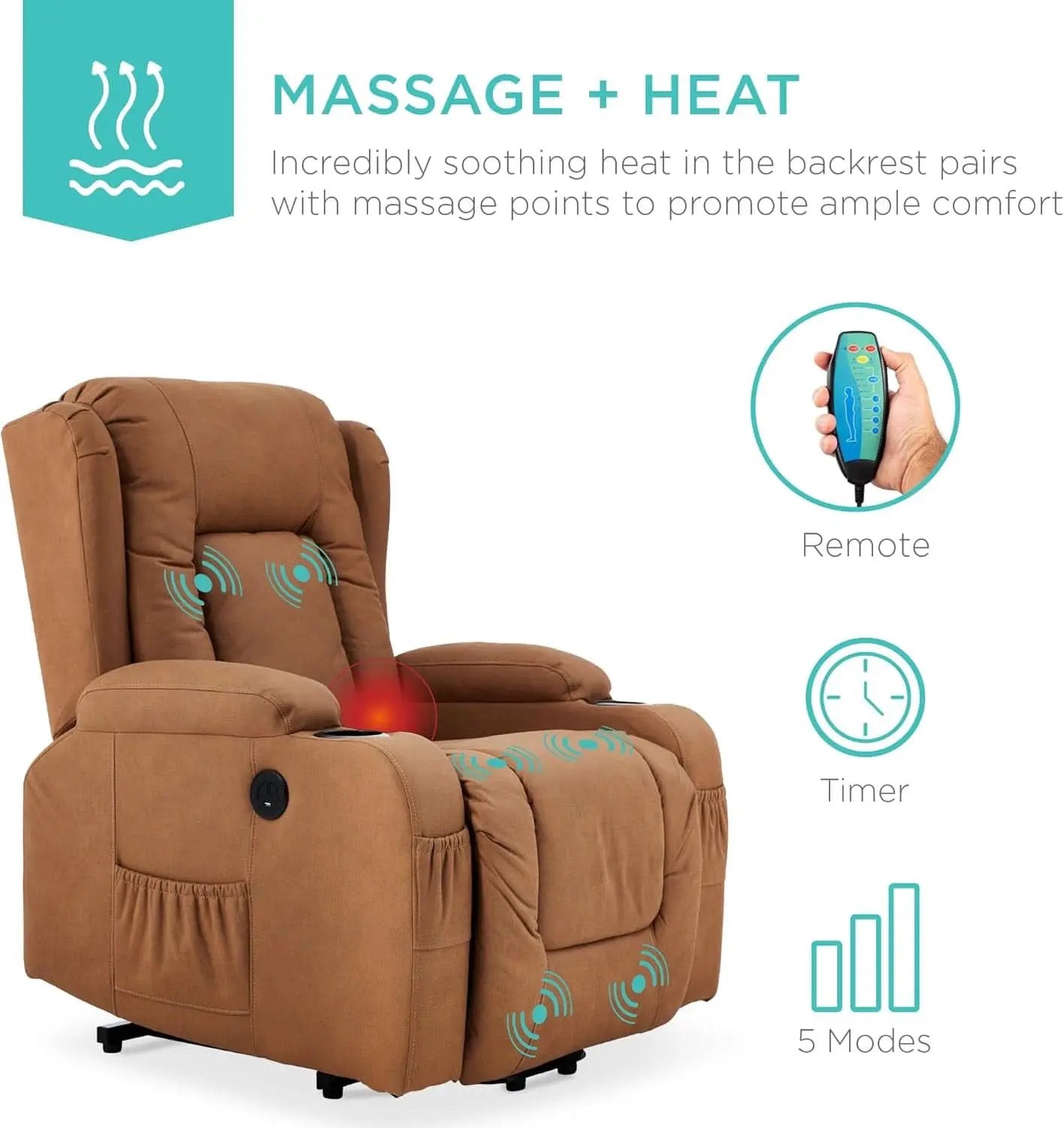 Cognac PU Leather Power Lift Recliner With Massage And Heat from PriceLows™