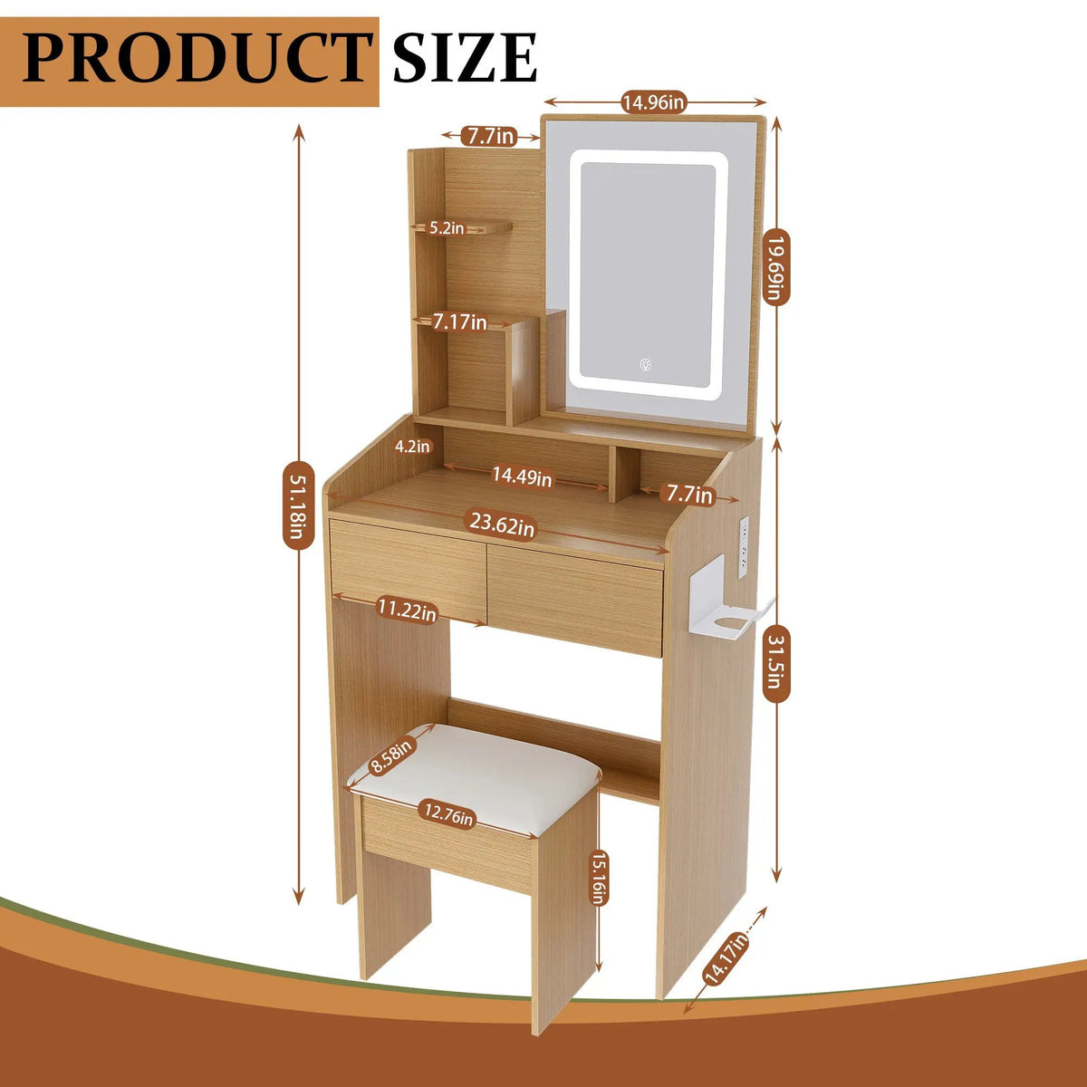 Vanity Table | Adjustable LED Mirror | Power Outlets | Padded Stool