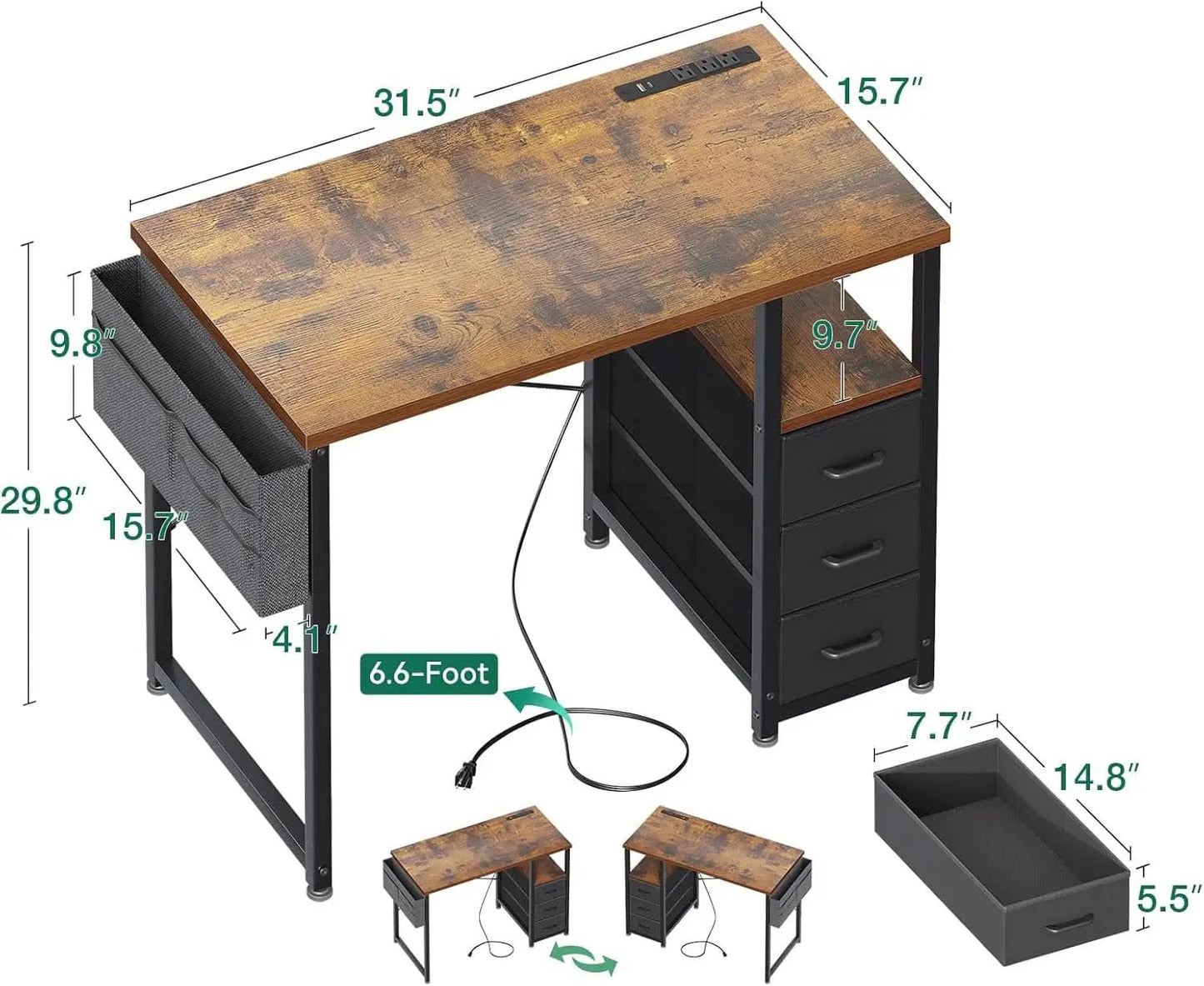 32-Inch Vintage Desk With Drawers And Charging Station from PriceLows™