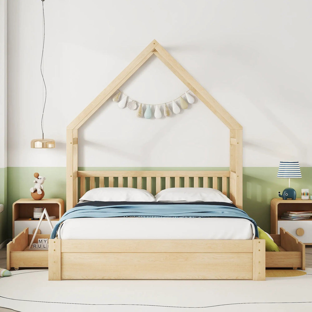 Platform Bed | Solid Pine Frame | Full Guardrail | 2 Drawers