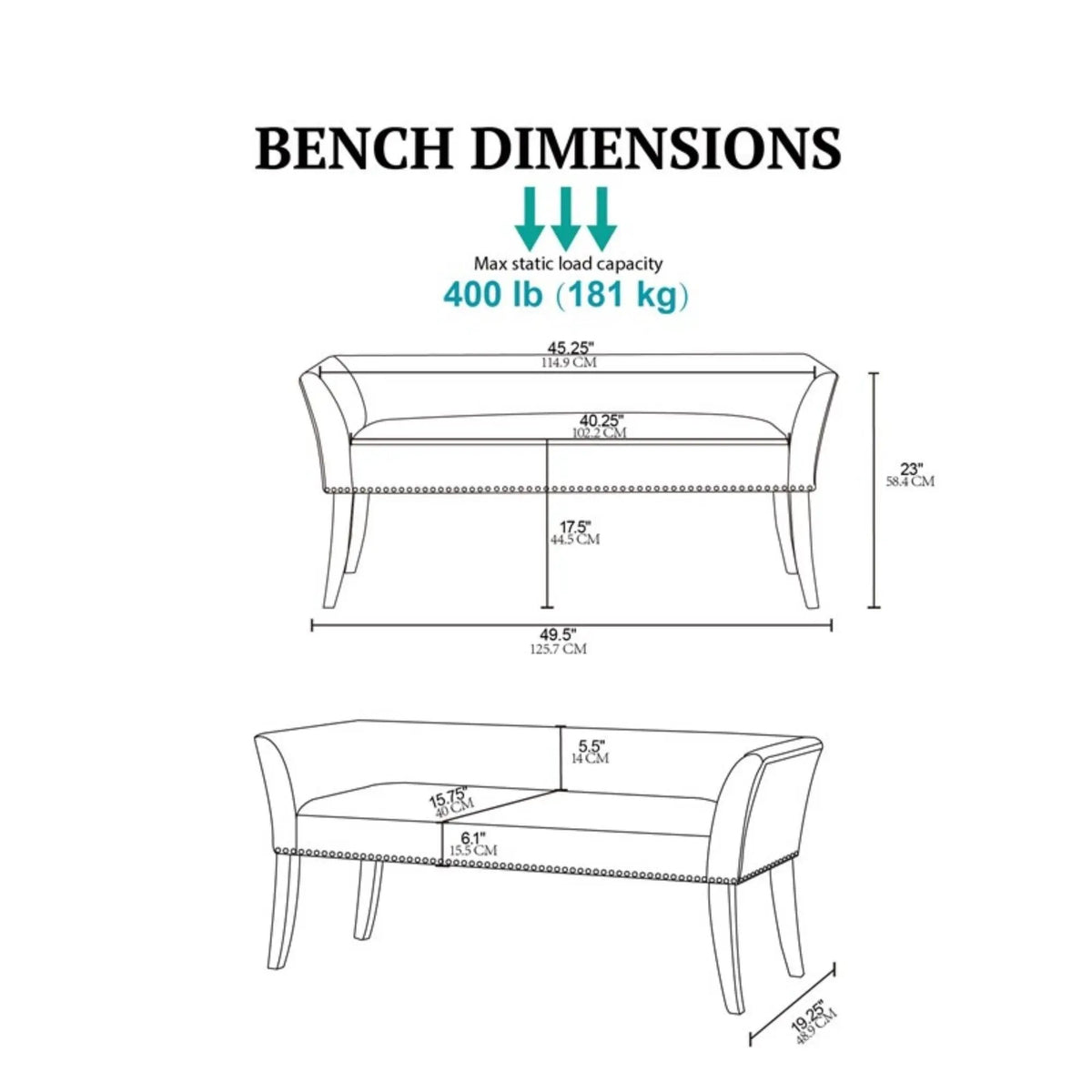 Welburn Upholstered Bench | Padded Low Back | Flared Arms | High-Density Foam And Fiber Fill