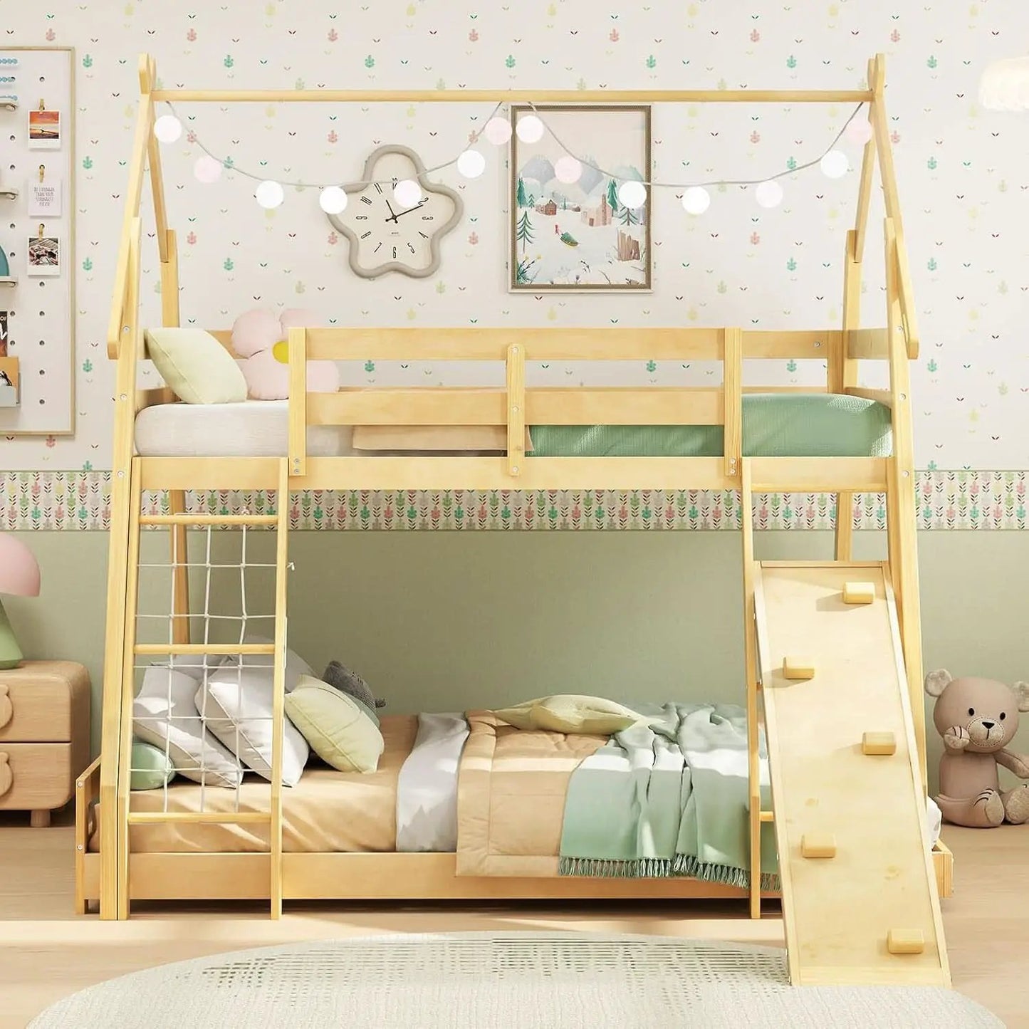 Twin Over Queen Bunk Bed With Climbing Nets Ramp Natural from PriceLows™