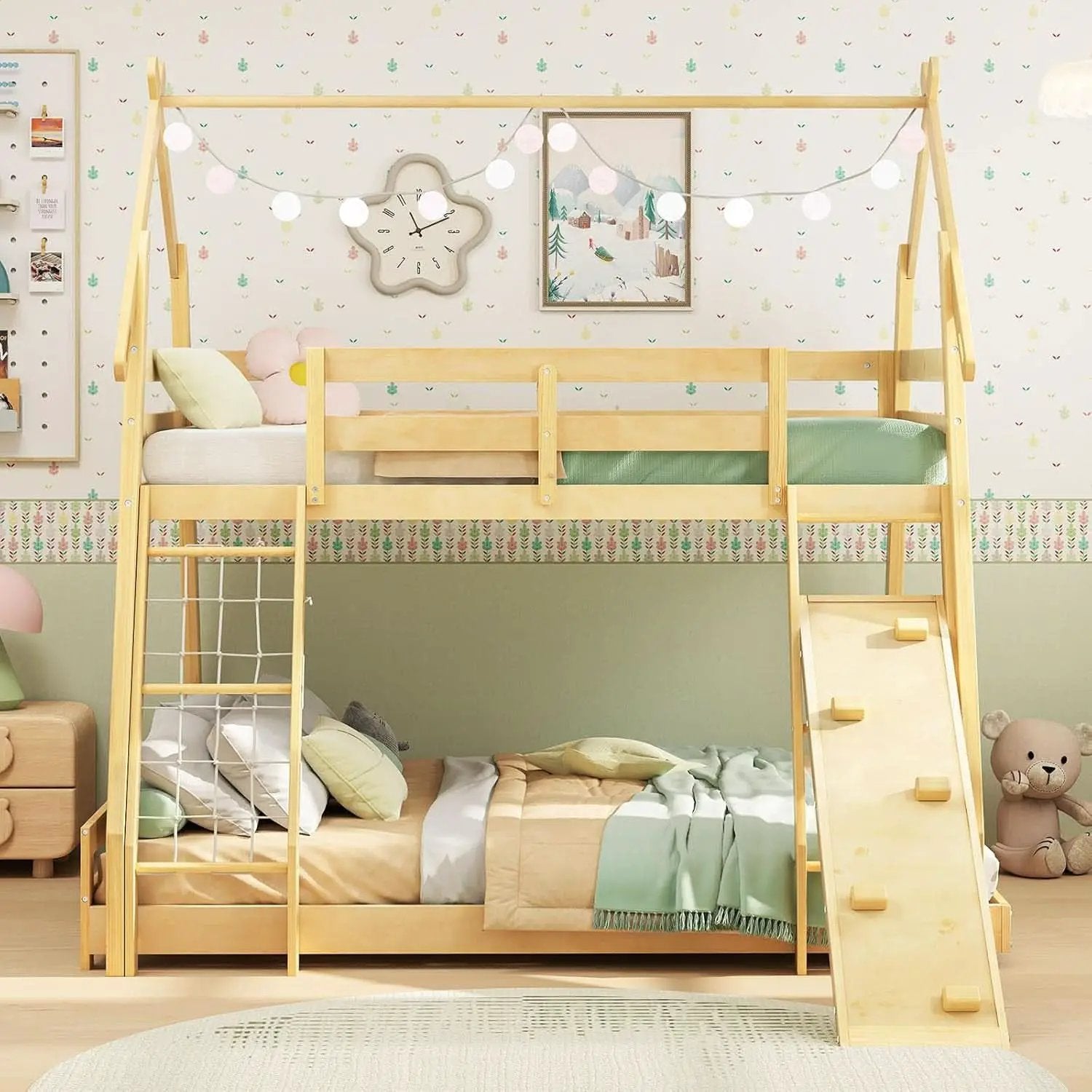 Twin Over Queen Bunk Bed With Climbing Nets Ramp Natural from PriceLows™