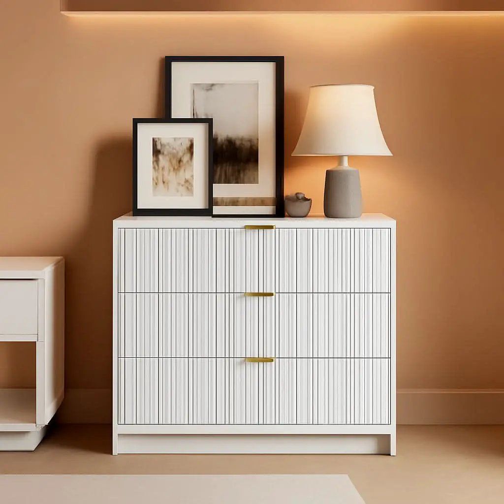 White Contemporary Dresser With Three Drawers And Fluted Panels from PriceLows™