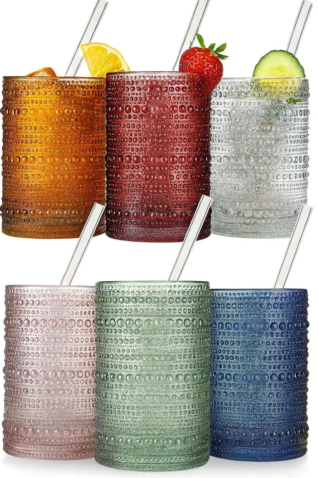 Khen Hobnail Drinking Glasses with Straws | Muted Colors | Set of 6 from PriceLows™