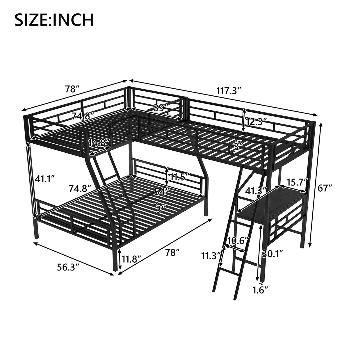 Twin Over Full Loft Bed | L Shaped Design | Built In Desk | Black Frame