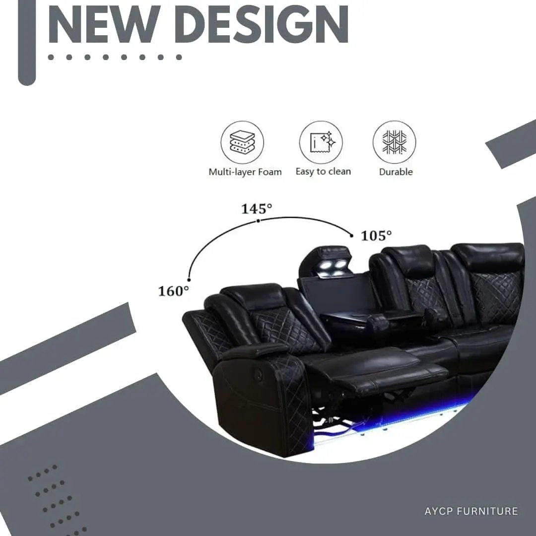 Power Recliner Sectional Sofa Black With LED Lights from PriceLows™
