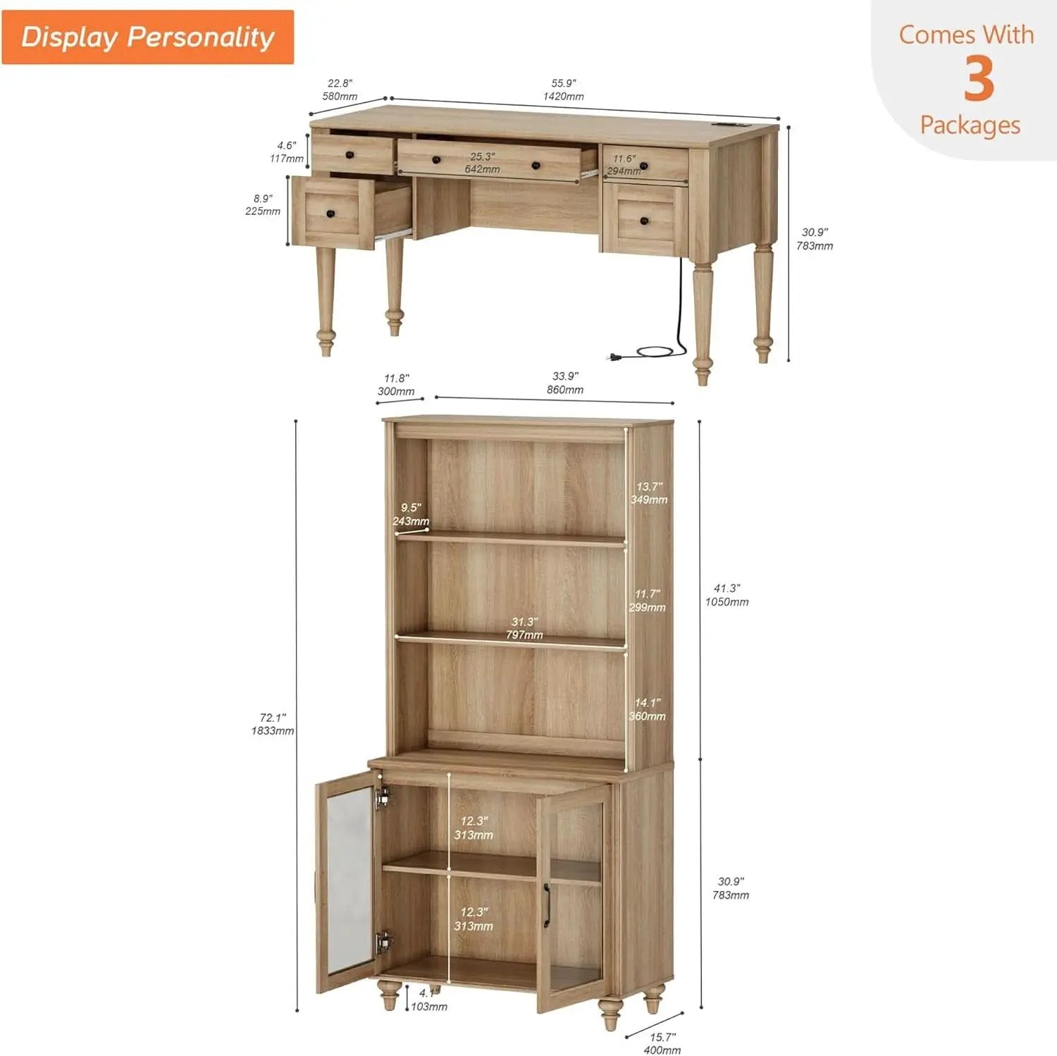 Oak Distressed Farmhouse Office Desk System Bookcase from PriceLows™