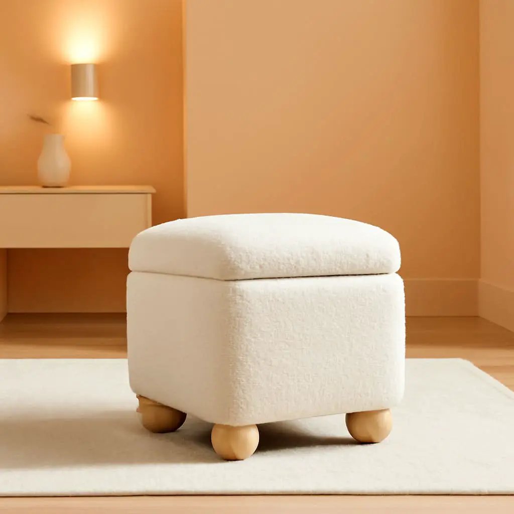 Ivory Luxurious Storage Bouclé Ottoman Wooden Legs from PriceLows™