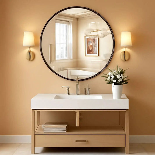 Black Round Wall Mirror 24 Inch Shatterproof Glass Bathroom from PriceLows™