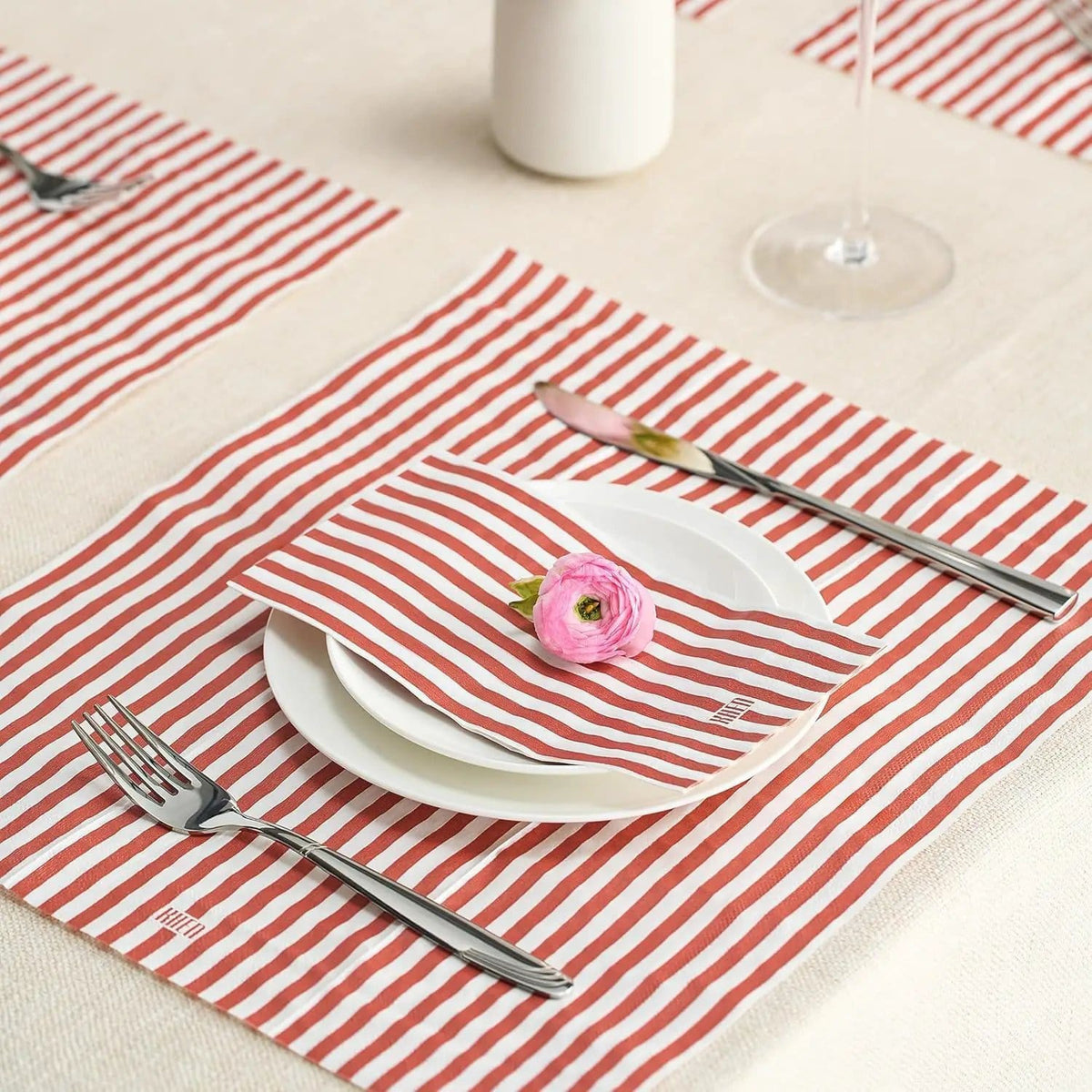 Tonal Striped Disposable Napkin Set in Stripe Red, 50 Pieces | Set of 50 | Placemat | Home Decor