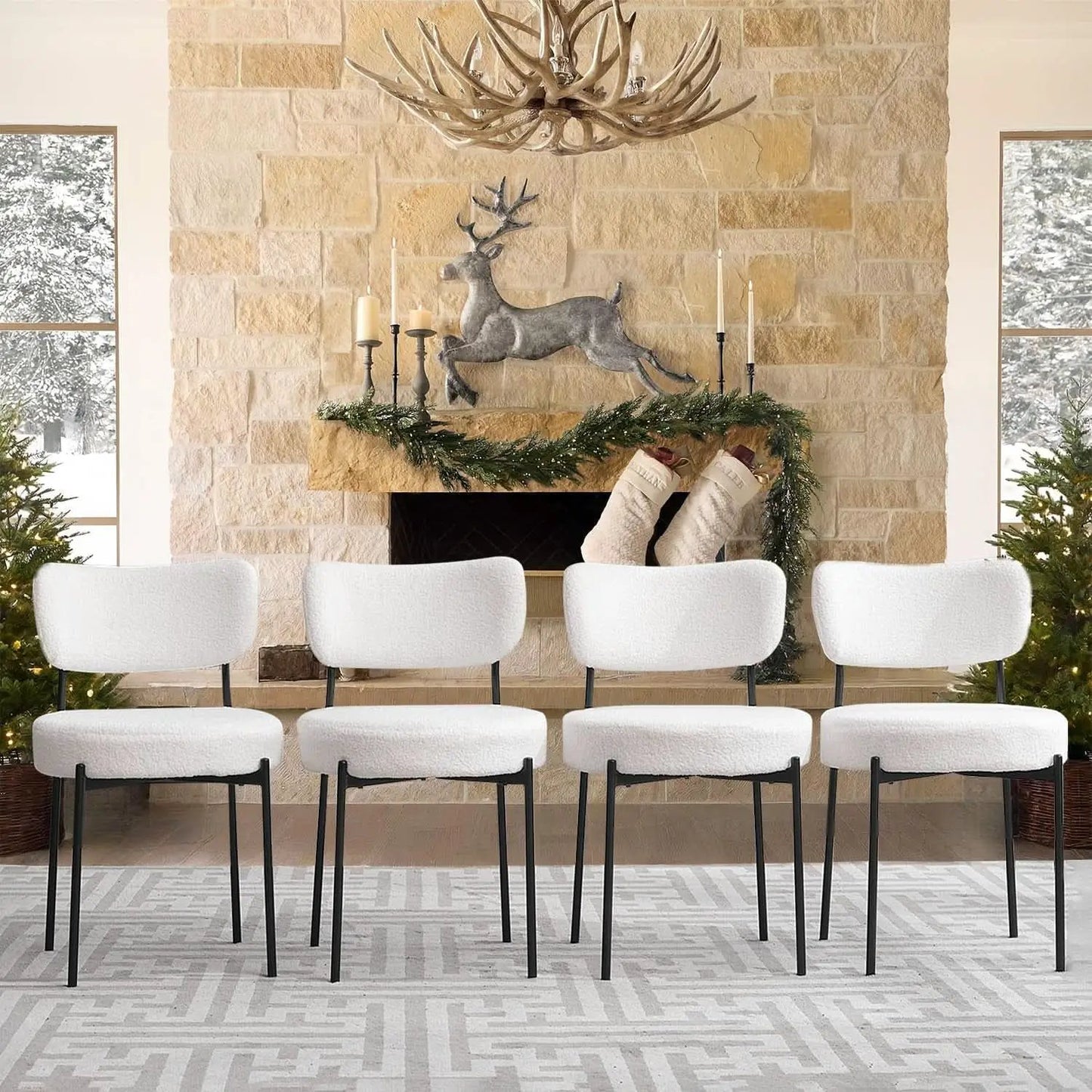 White Boucle Upholstered Dining Chairs With Cushions from PriceLows™