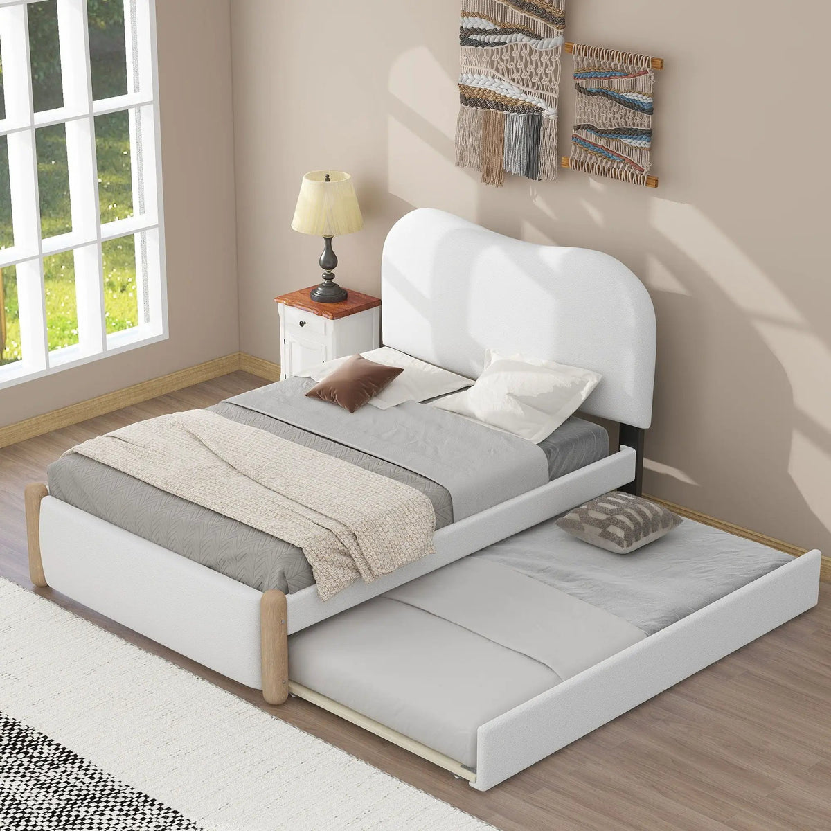 Upholstered Platform Bed | Trundle | Arc-Shaped Berber Fleece Headboard | Wood Supporting Feet