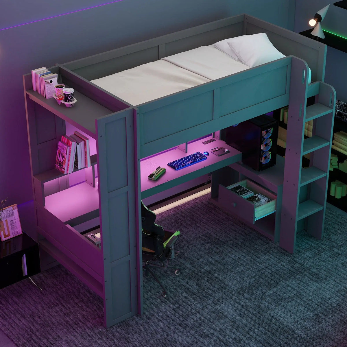 Gaming Loft Bed With Desk | Multi Storage Shelves | LED Lights | Charging Station