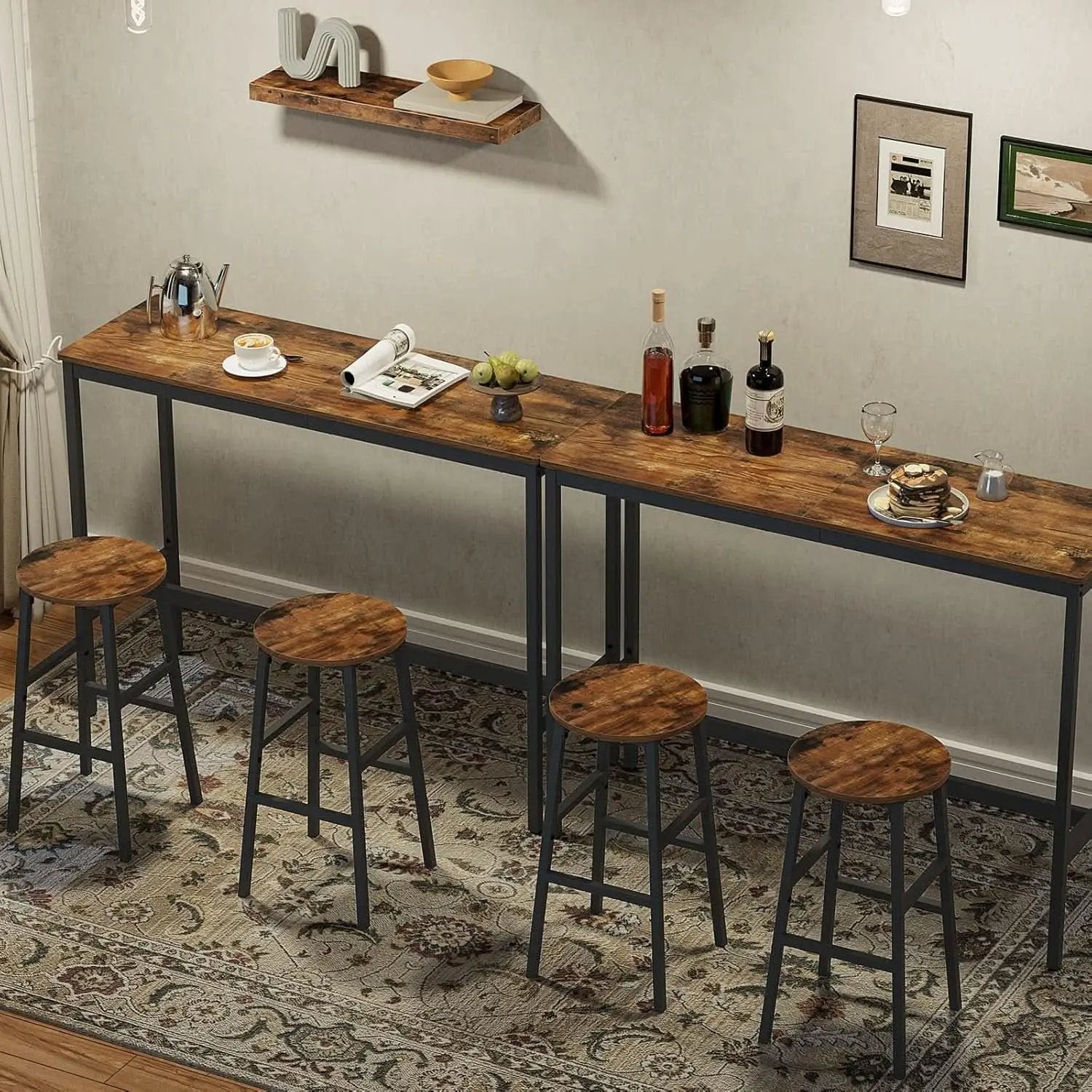 Round Bar Stools Set of 2 With Footrest 24.4 Inch Industrial Rustic Brown from PriceLows™