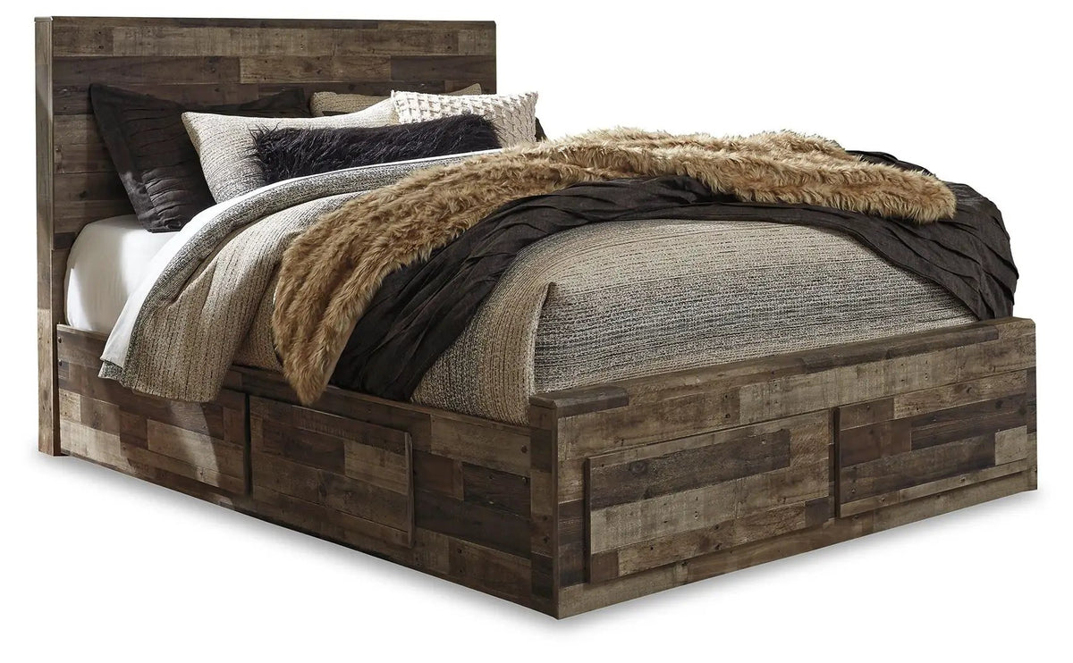 Derekson Panel Bedroom Set | 4-Piece | Rustic Butcher Block Finish | Replicated Pine Grain