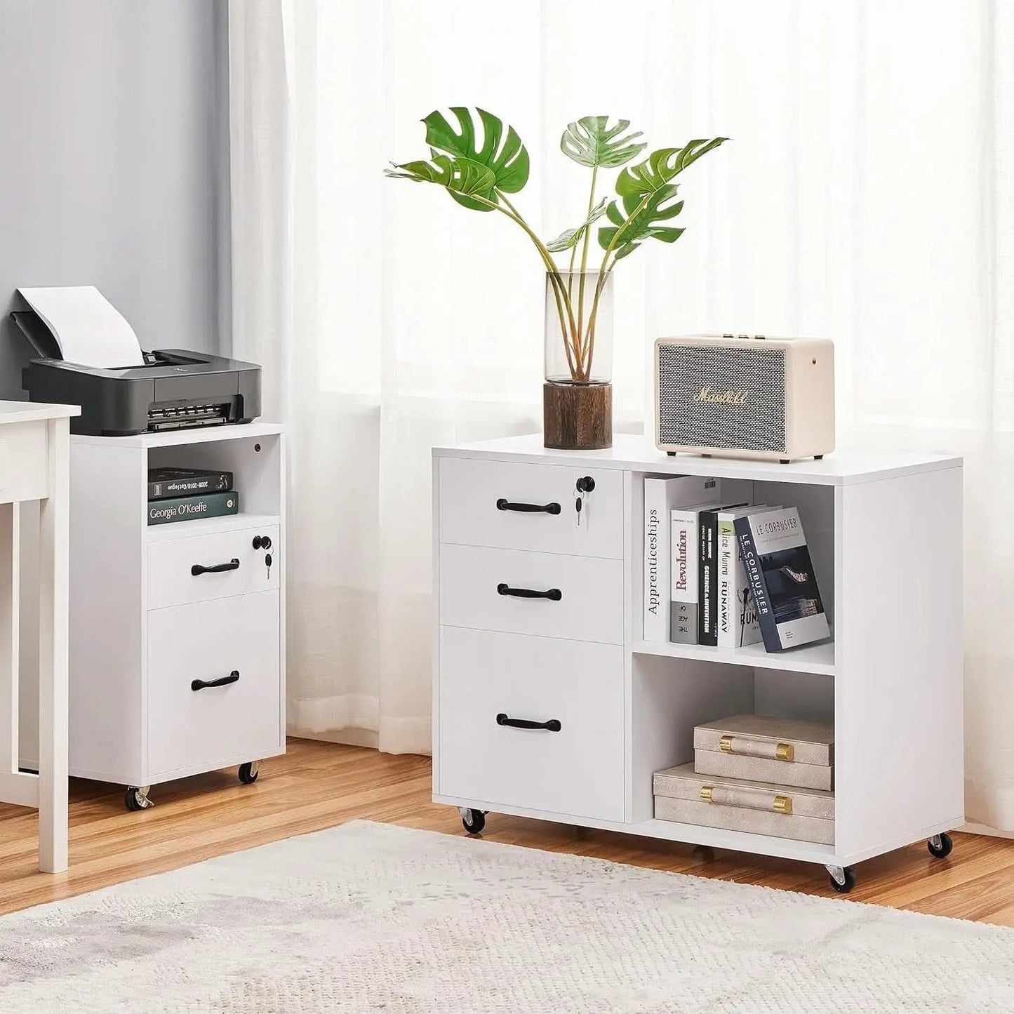 3 Drawer File Cabinet White Mobile Lateral Filing Cabinet With Lockable Top Drawer And Open Shelves For Home Office from PriceLows™