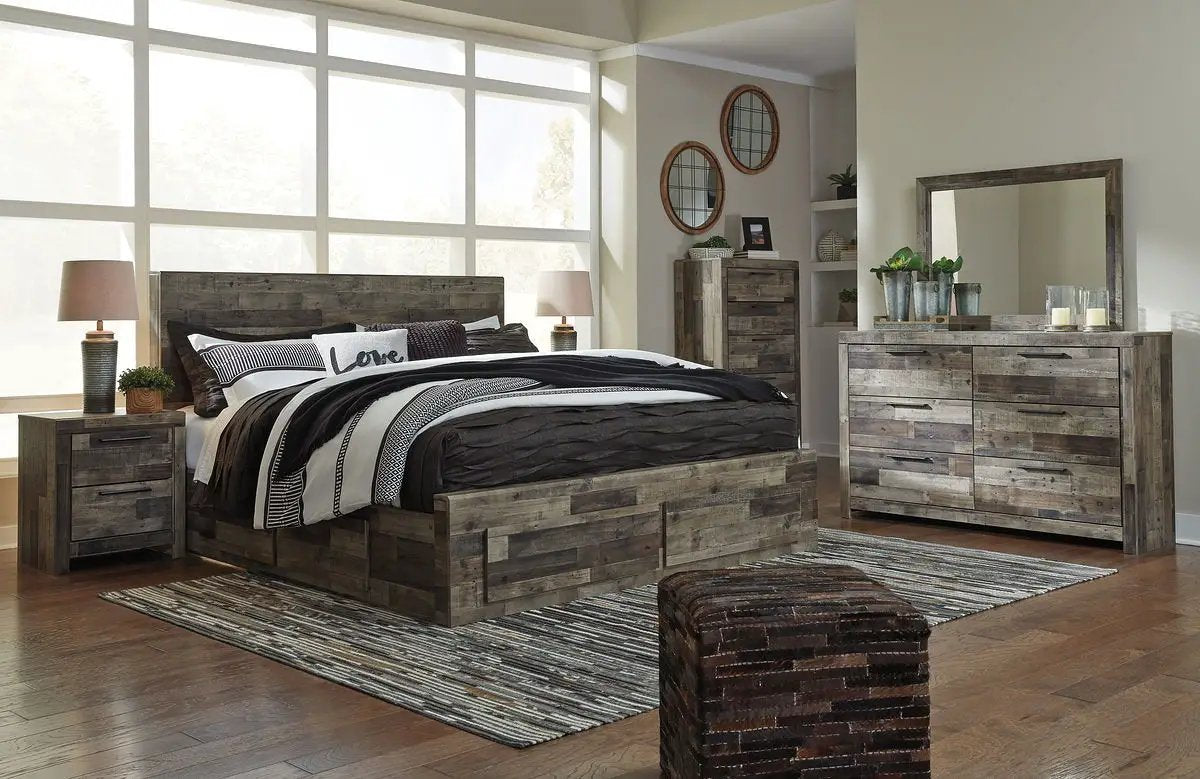Derekson Panel Bedroom Set | 4-Piece | Rustic Butcher Block Finish | Replicated Pine Grain