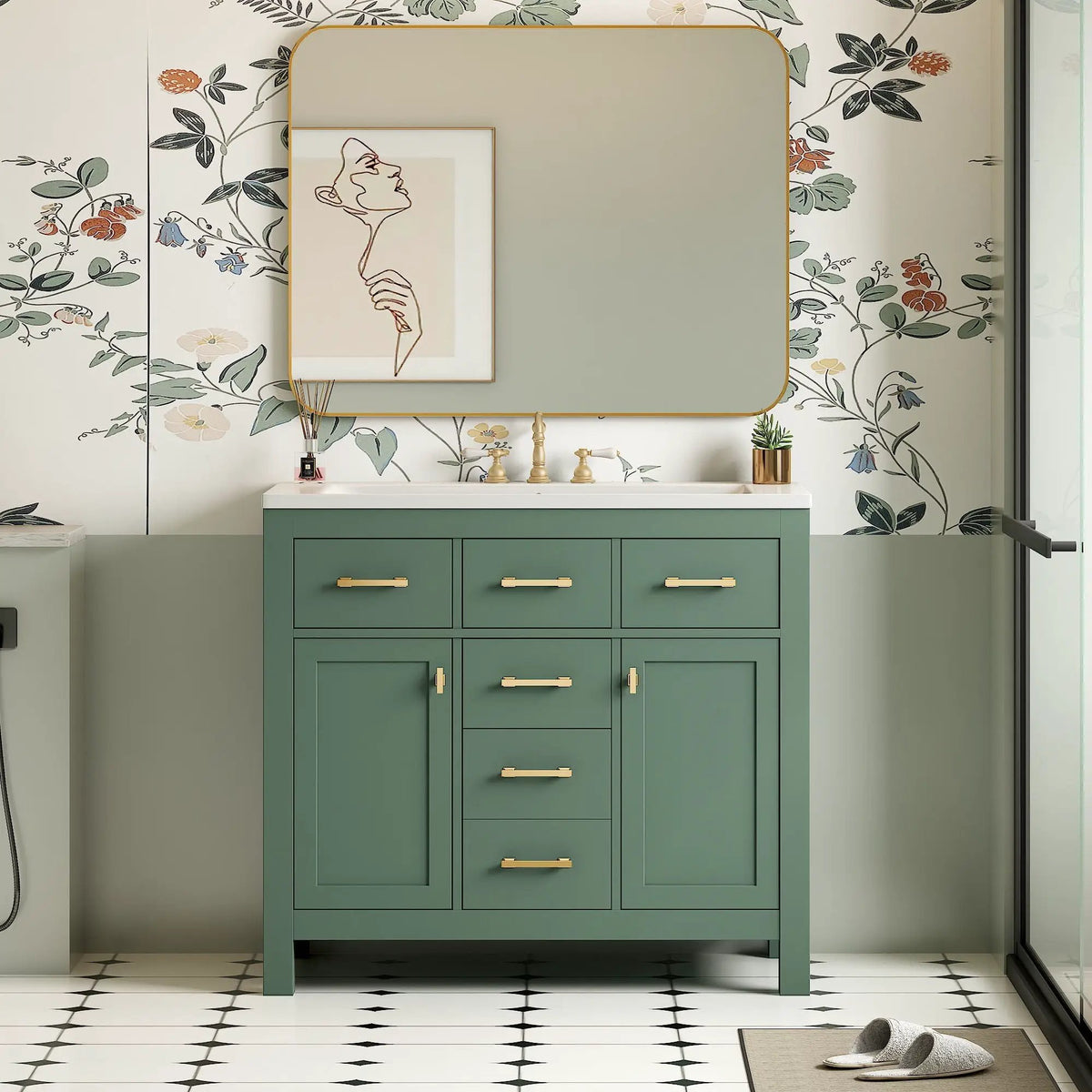 36 Inch Bathroom Vanity | Resin Sink Combo Set | 4 Drawers | Solid Wood Feet